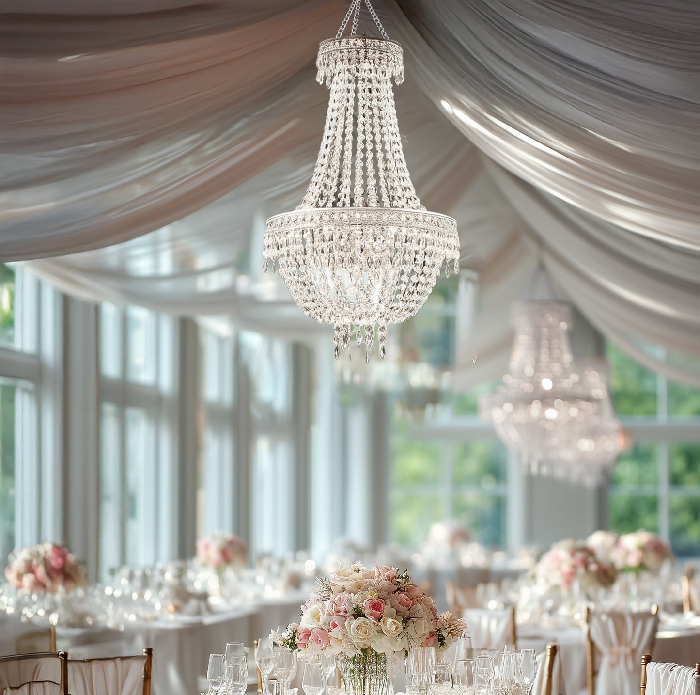 Silver beaded crystal chandelier with ornate metal frame, adjustable farmhouse pendant.