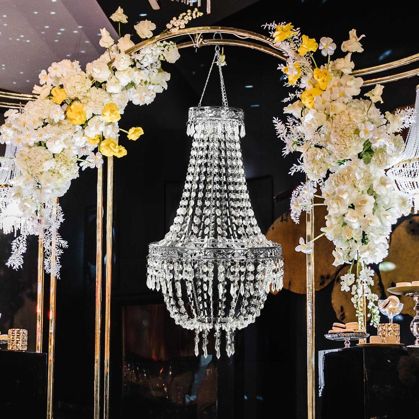 Silver beaded crystal chandelier with ornate frame, adjustable farmhouse pendant lighting.