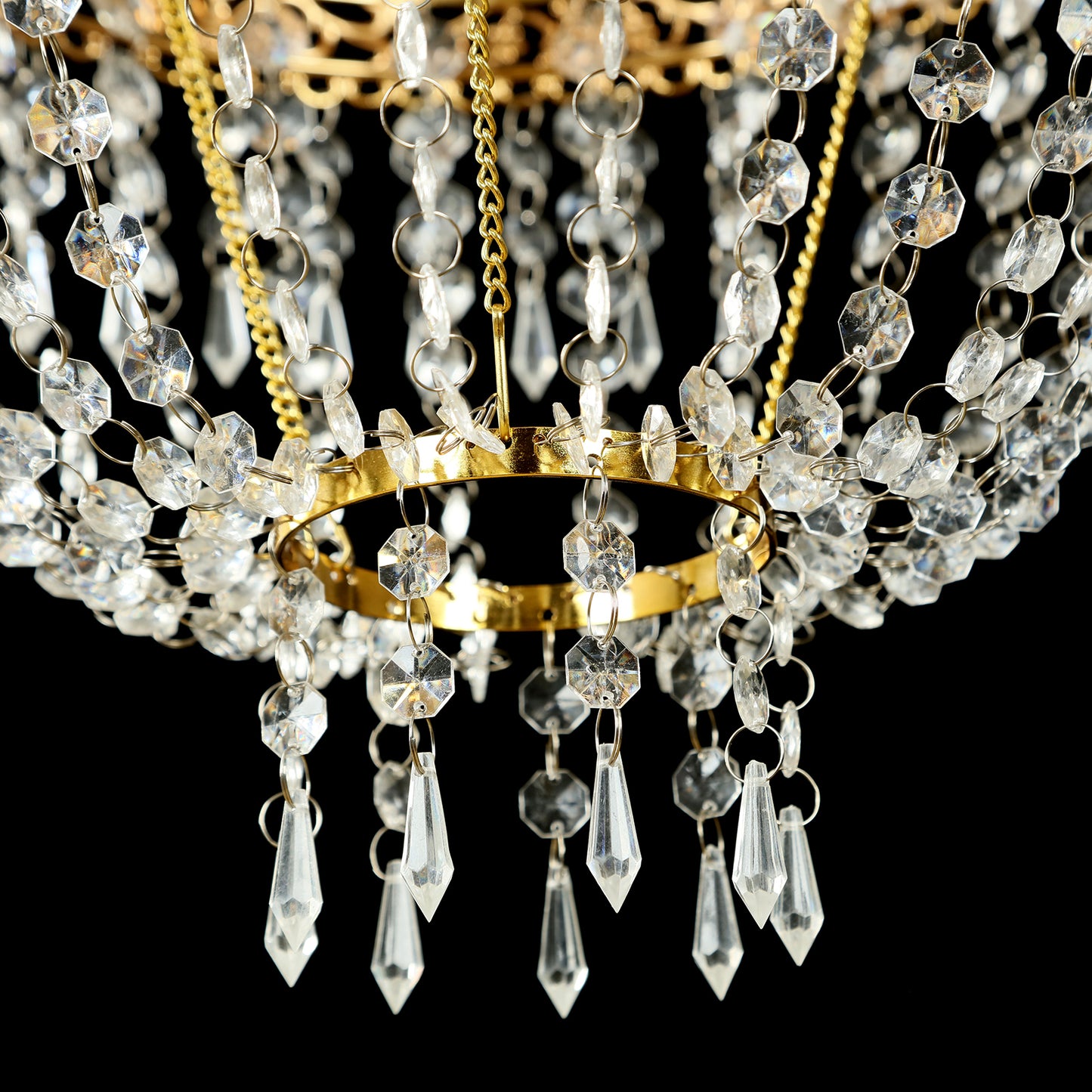 5ft Empire Style Beaded Crystal Chandelier with Gold Ornate Metal Frame, Adjustable Hanging Farmhouse Pendant Ceiling Lighting