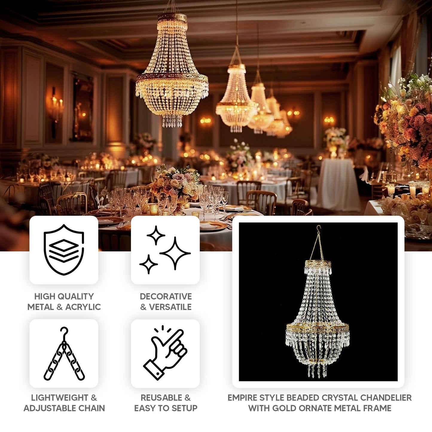 Gold beaded crystal chandelier with ornate metal frame, adjustable pendant lighting.