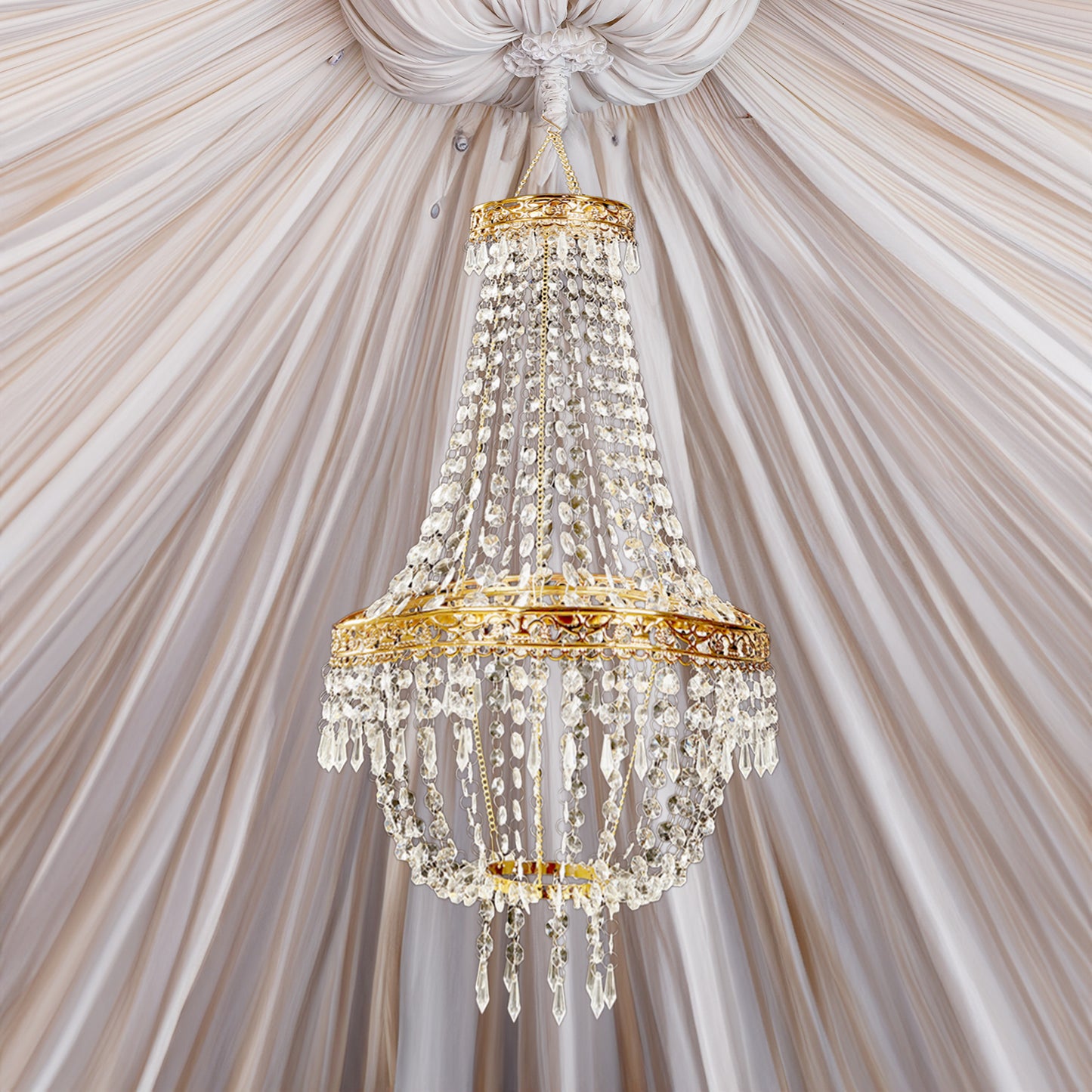 5ft Empire Style Beaded Crystal Chandelier with Gold Ornate Metal Frame, Adjustable Hanging Farmhouse Pendant Ceiling Lighting