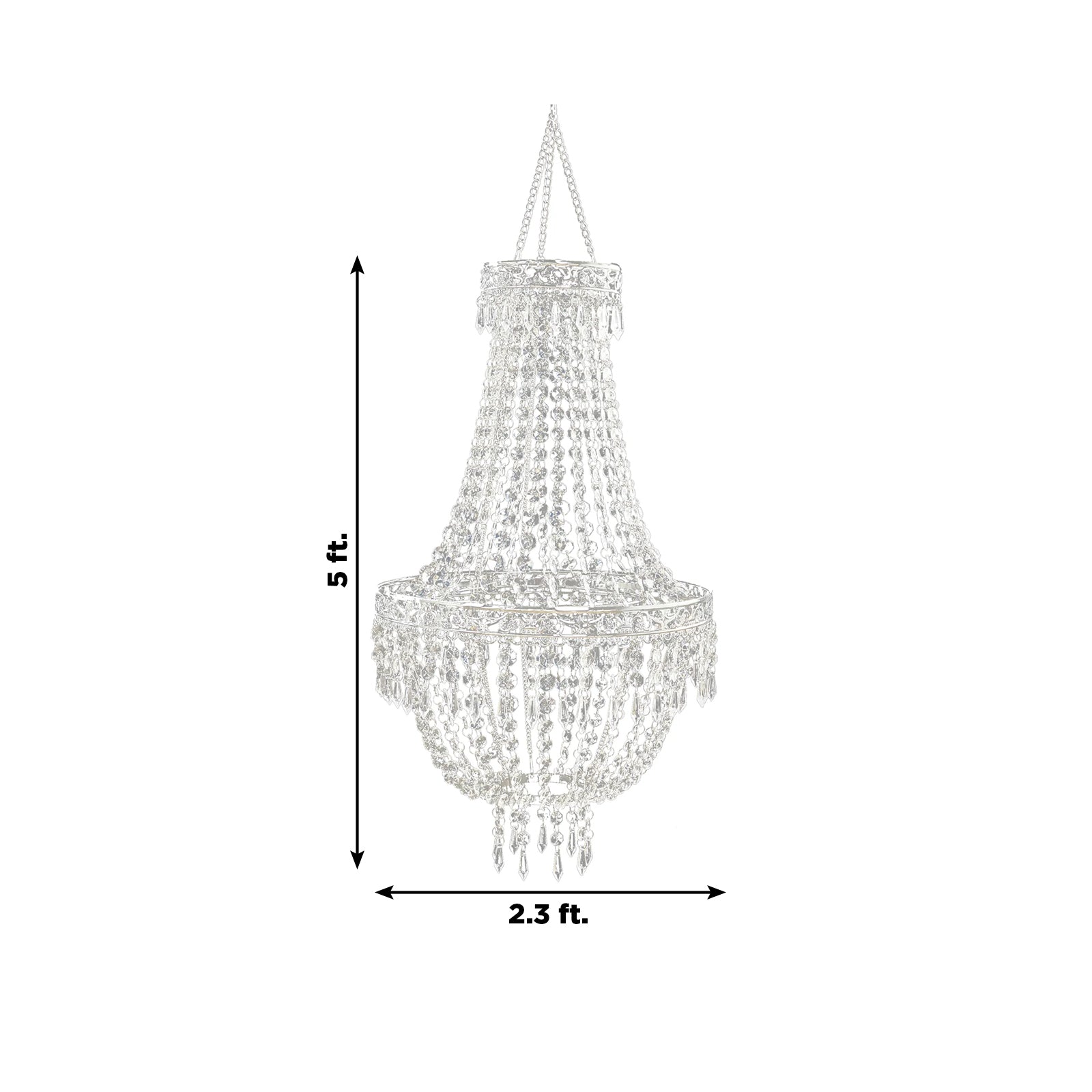 Silver beaded crystal chandelier with ornate metal frame.