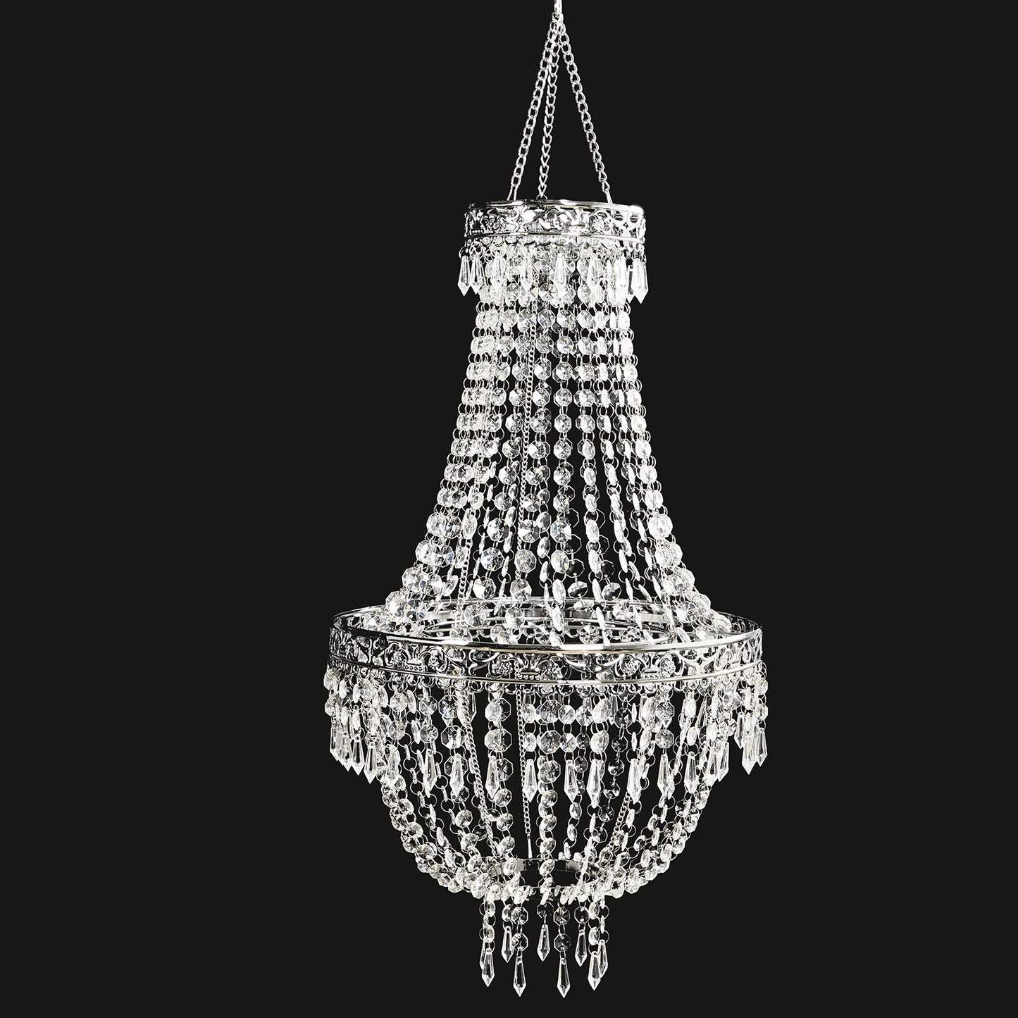 Silver beaded crystal chandelier with ornate metal frame.
