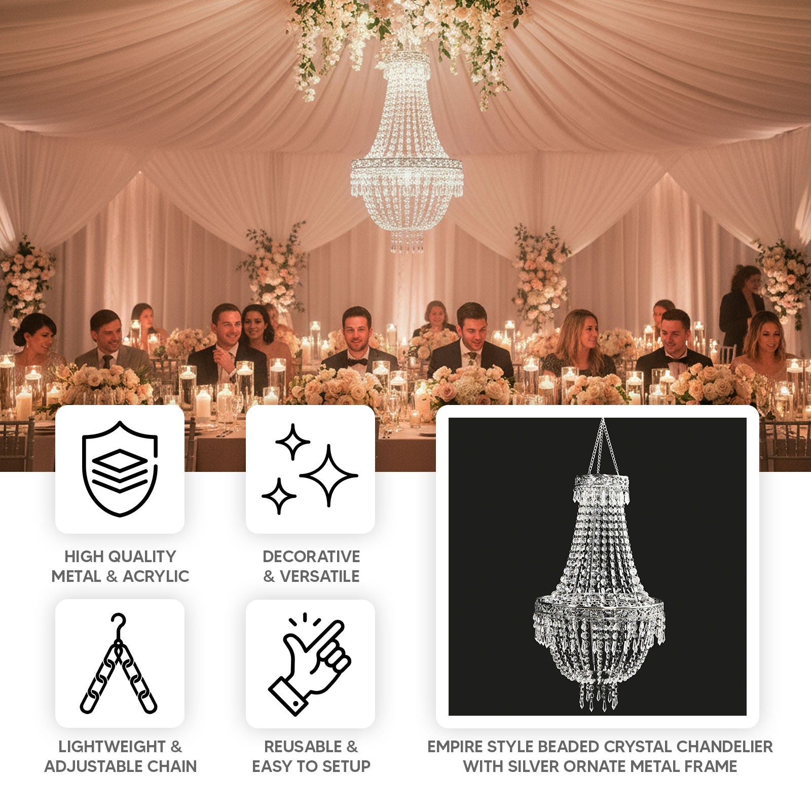 5ft beaded crystal chandelier with silver ornate frame, adjustable farmhouse pendant.