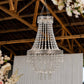 Silver beaded crystal chandelier with ornate frame, farmhouse pendant lighting.