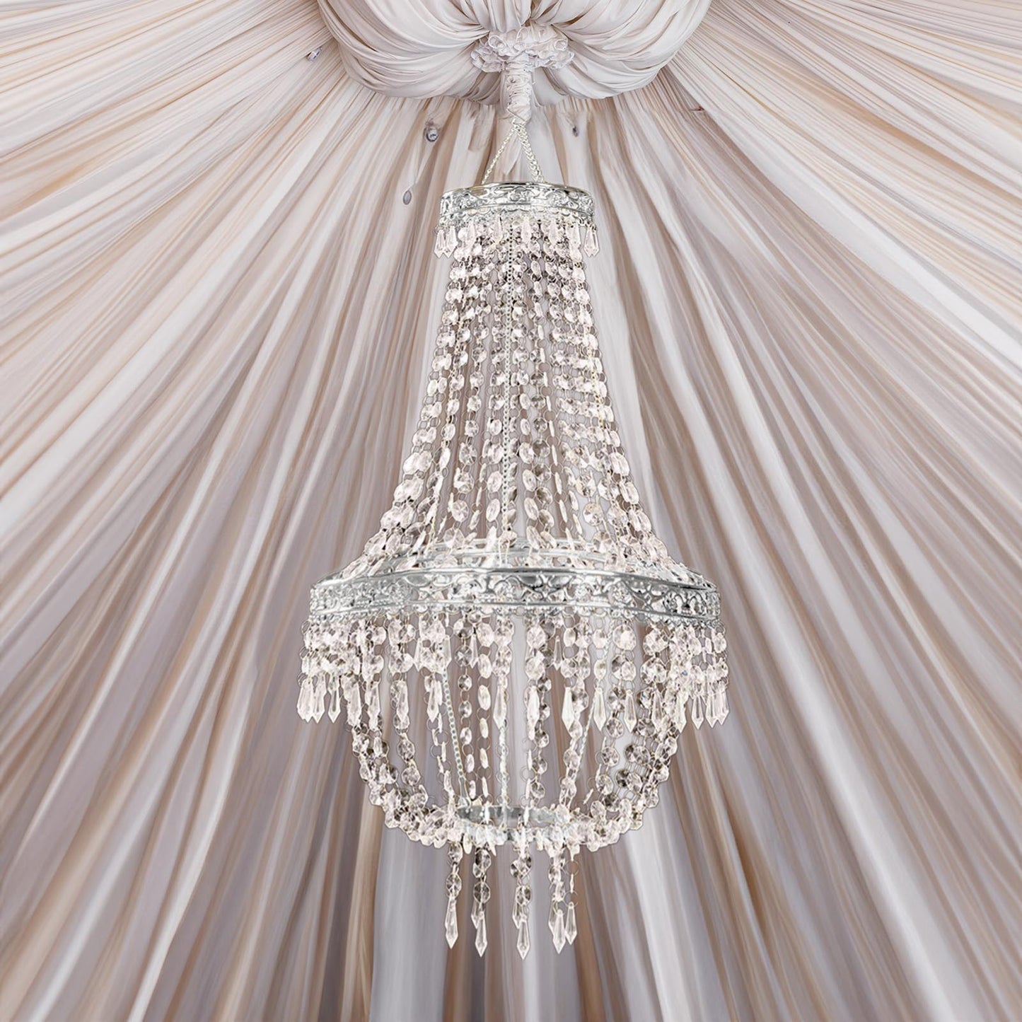 Silver beaded crystal chandelier with ornate metal frame, adjustable for farmhouse decor.
