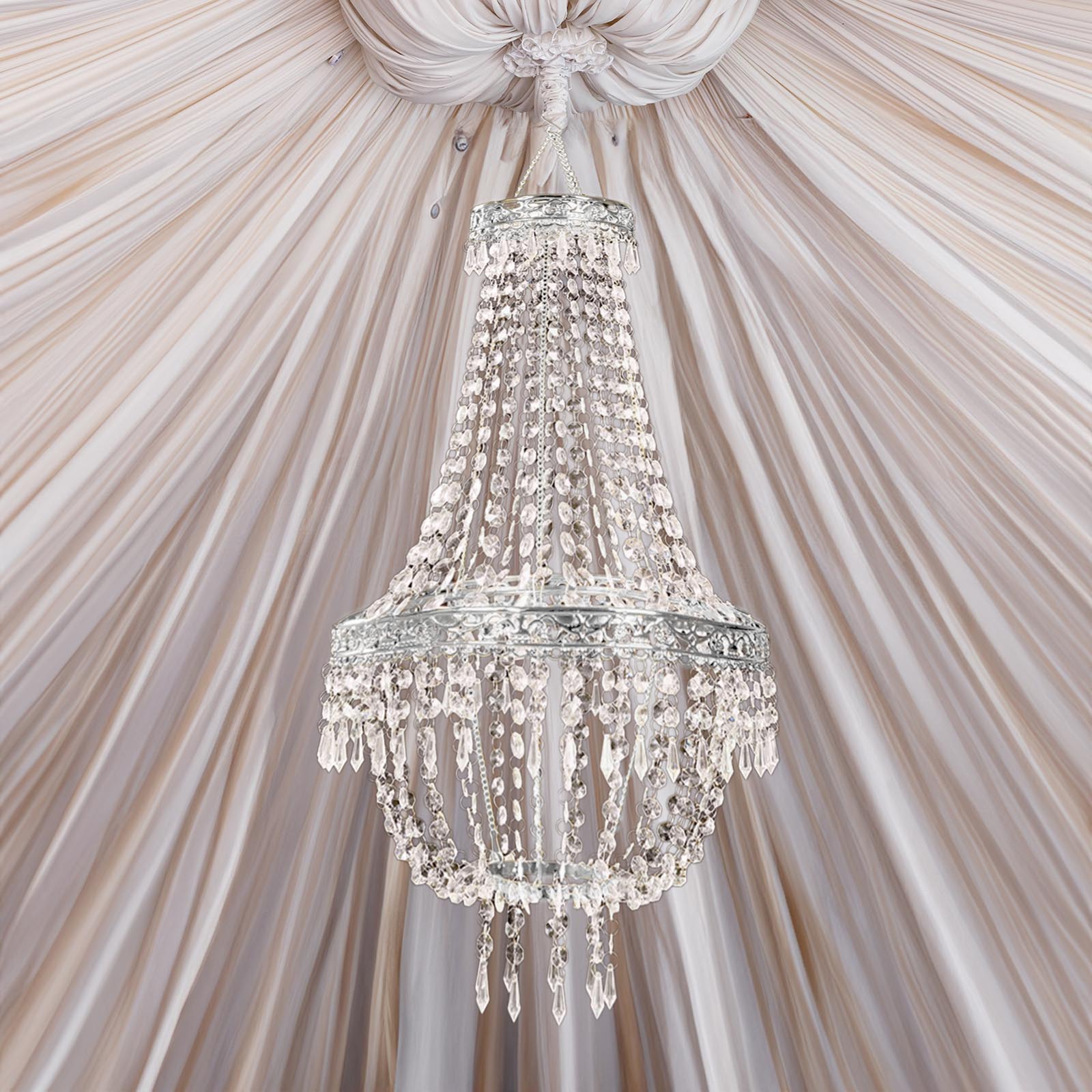 Silver beaded crystal chandelier with ornate metal frame, adjustable for farmhouse decor.