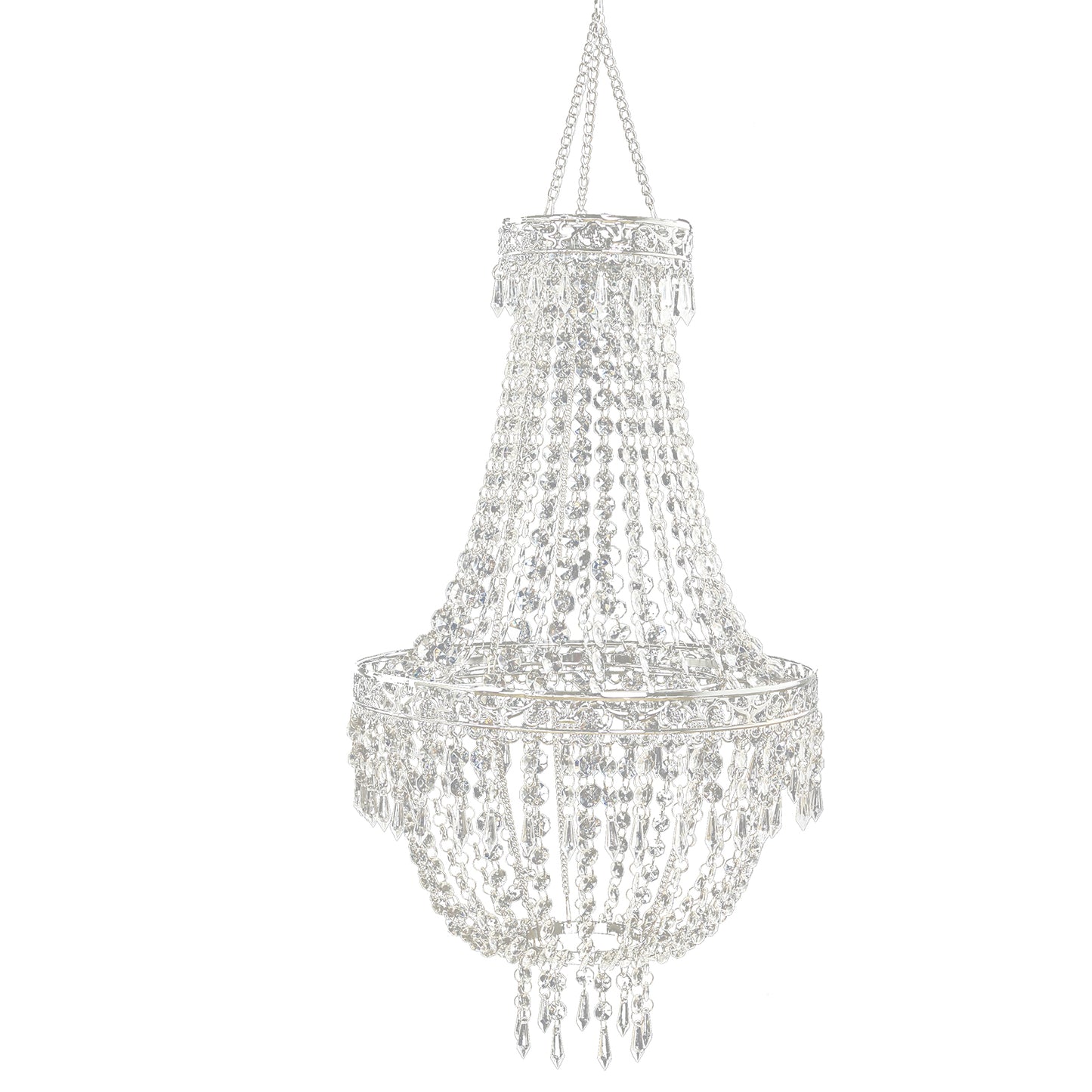 Silver beaded crystal chandelier with ornate metal frame, adjustable pendant lighting.