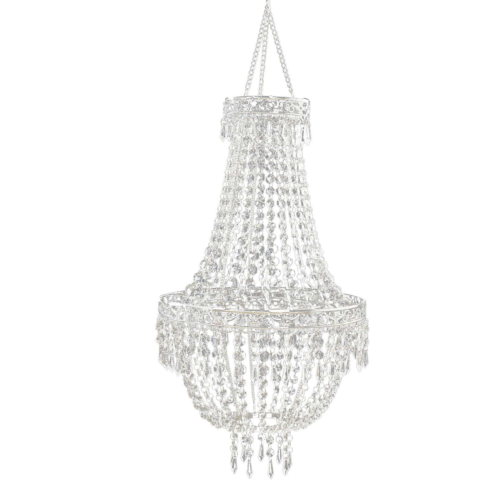 Silver beaded crystal chandelier with ornate metal frame, adjustable pendant lighting.