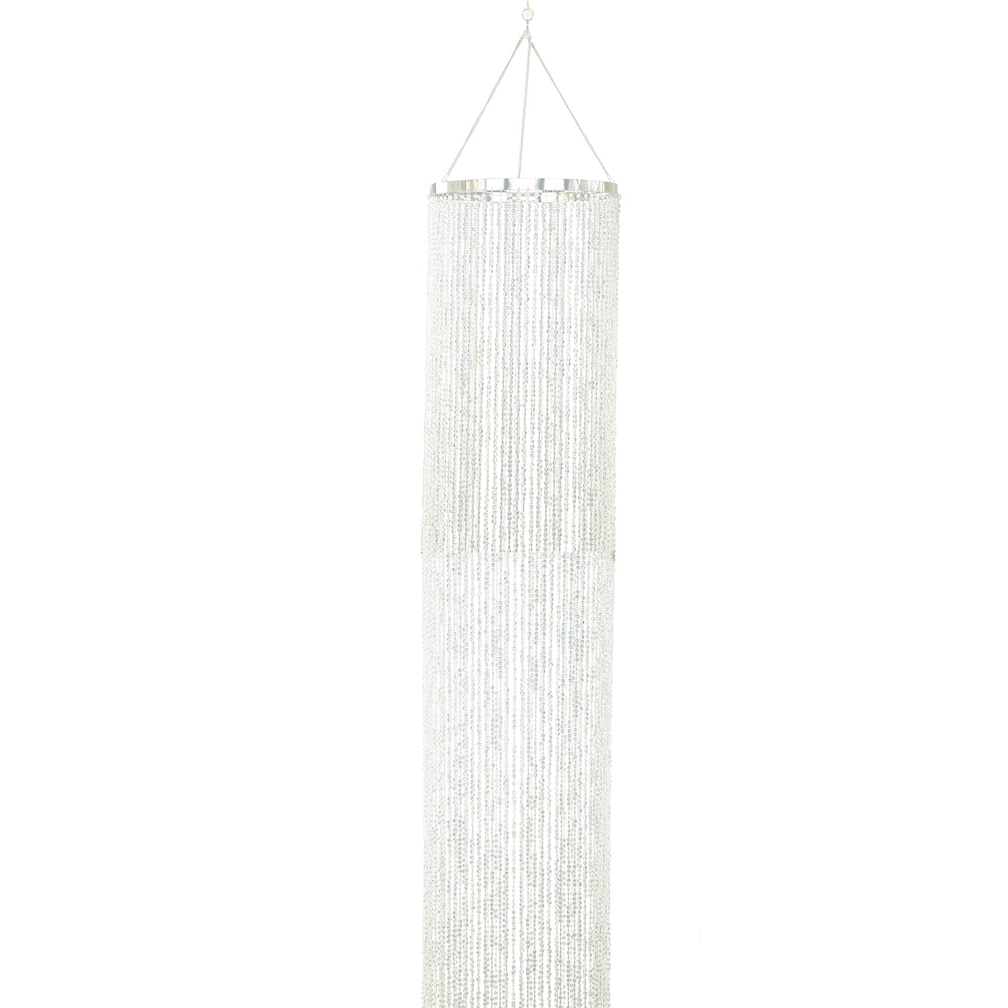 Silver beaded crystal chandelier with hanging chain, 14ft tall.