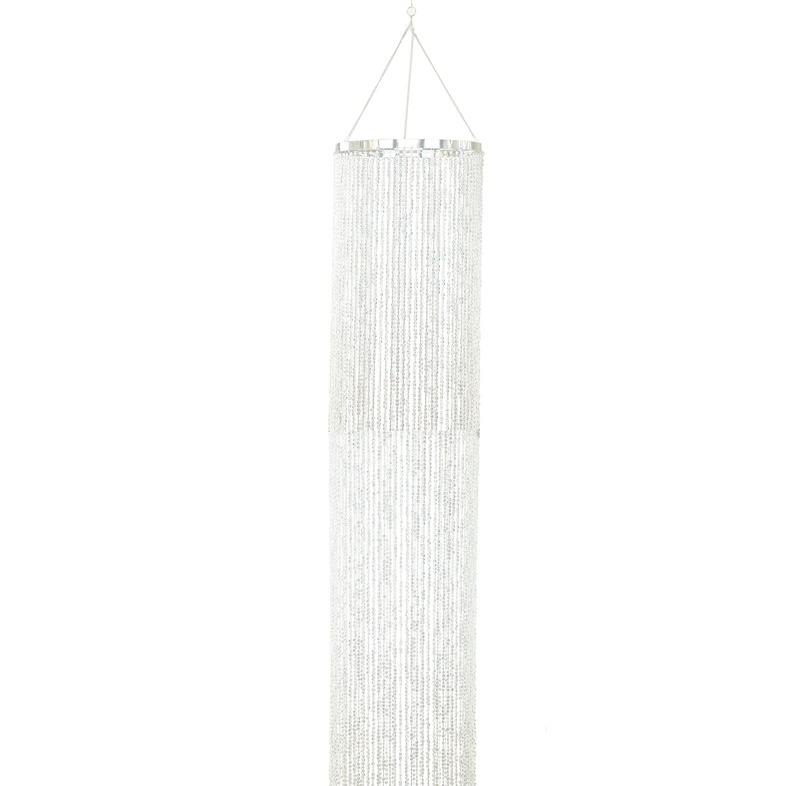 Silver beaded crystal chandelier with hanging chain, 14ft tall.