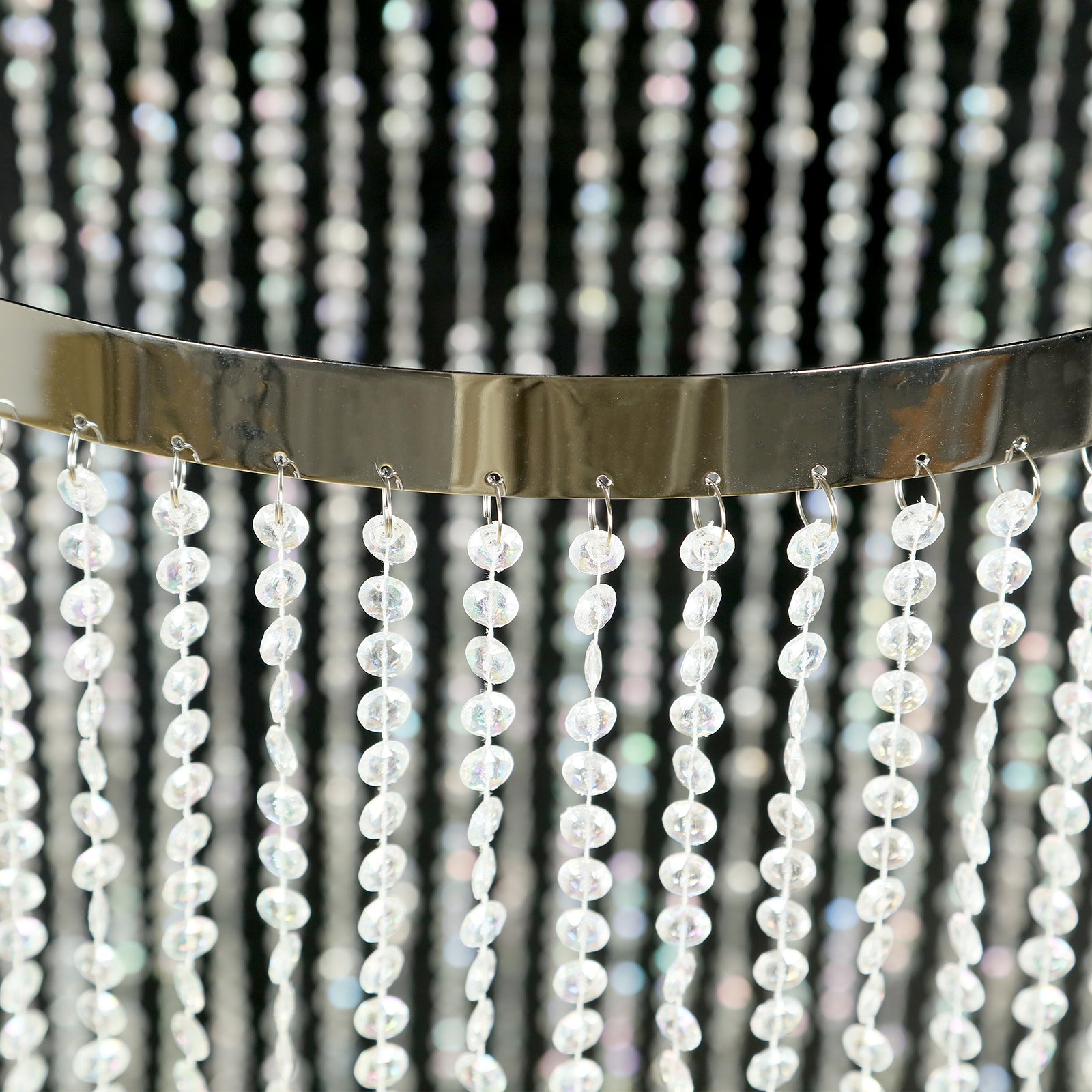 14ft silver beaded crystal chandelier with hanging chain and round hoop.