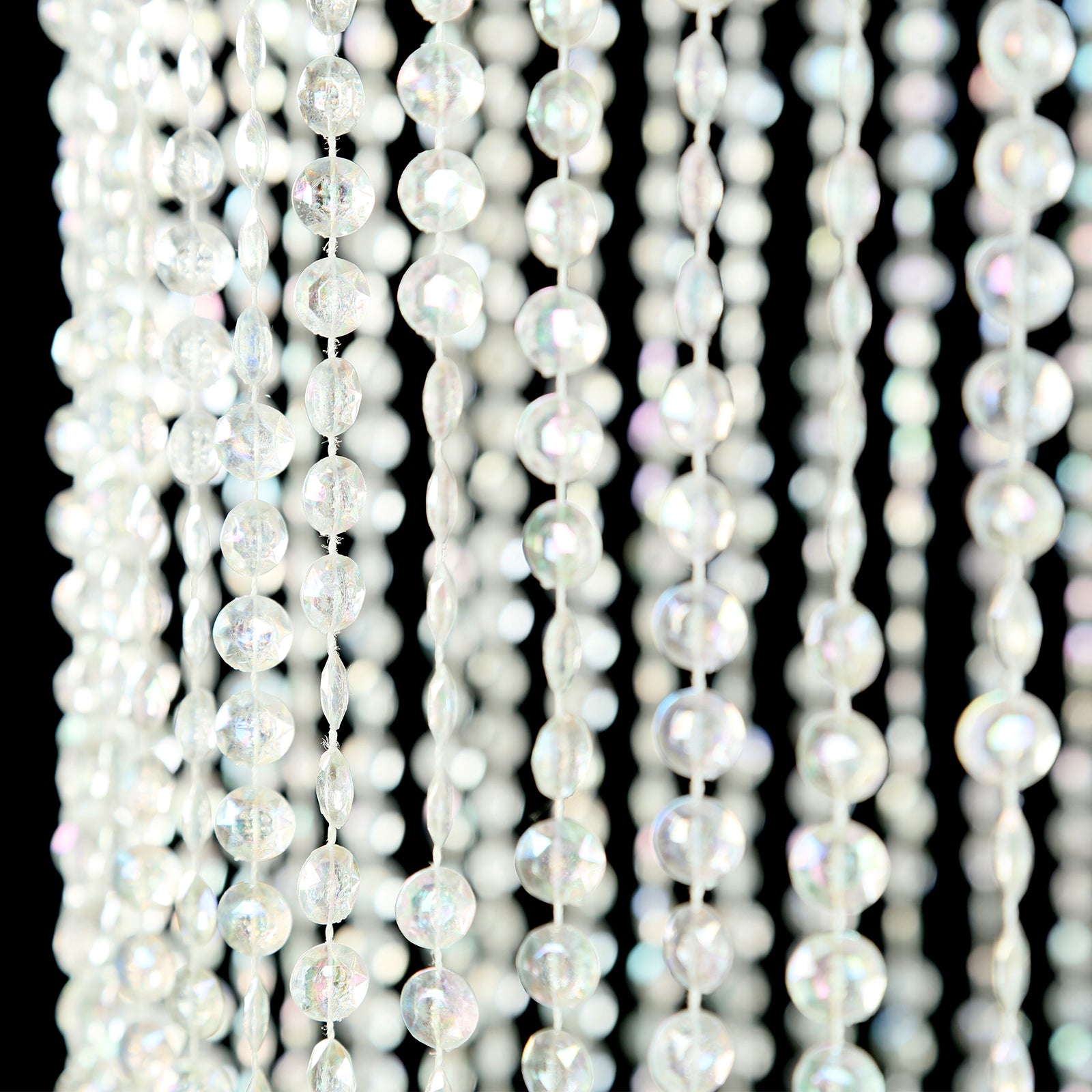 14ft hanging beaded crystal chandelier with silver metal hoop and chain.