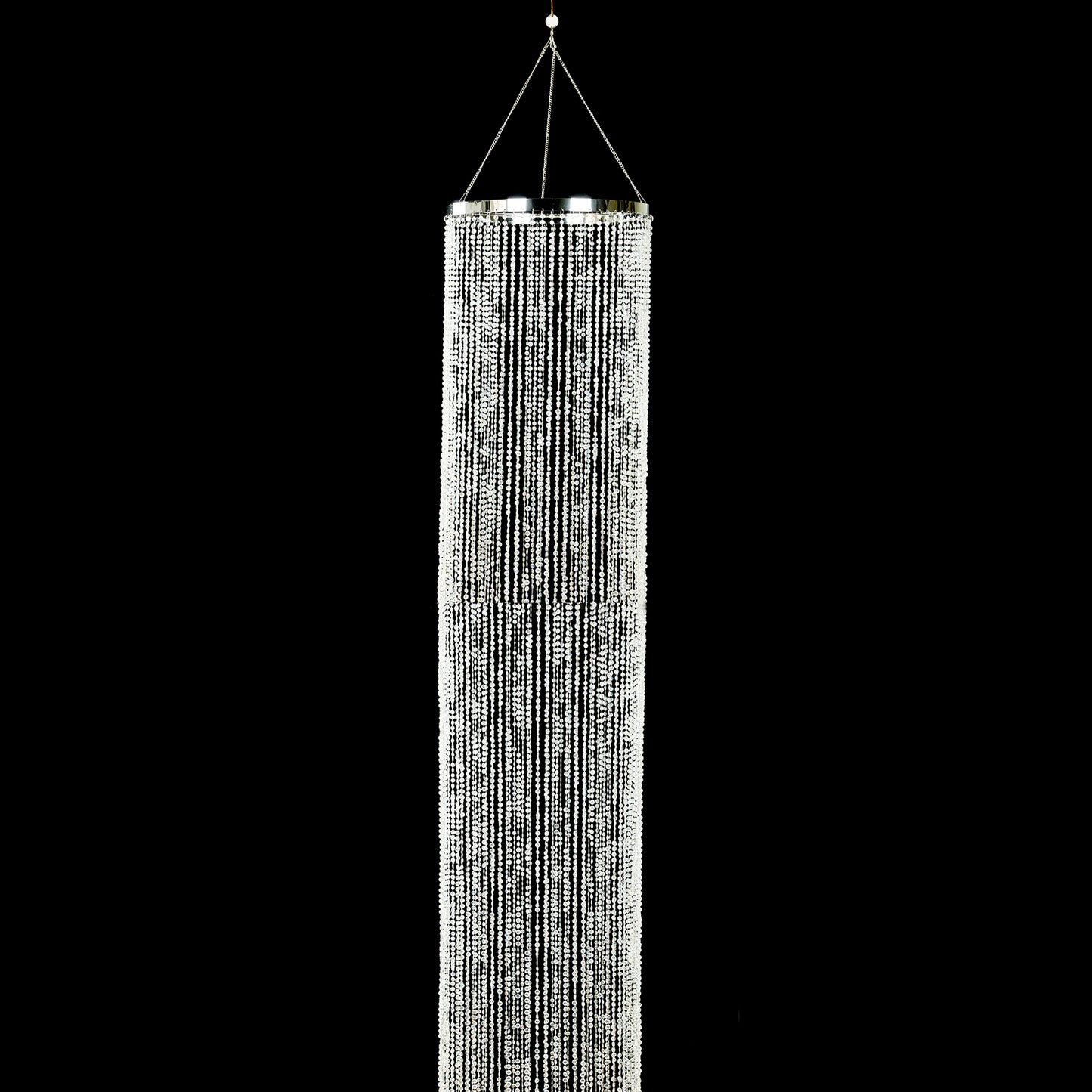 Silver beaded crystal chandelier with a tall curtain design.