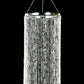 Silver beaded crystal chandelier with hanging chain and metal hoop.