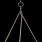 Silver beaded chandelier with hanging chains and metal hoop.