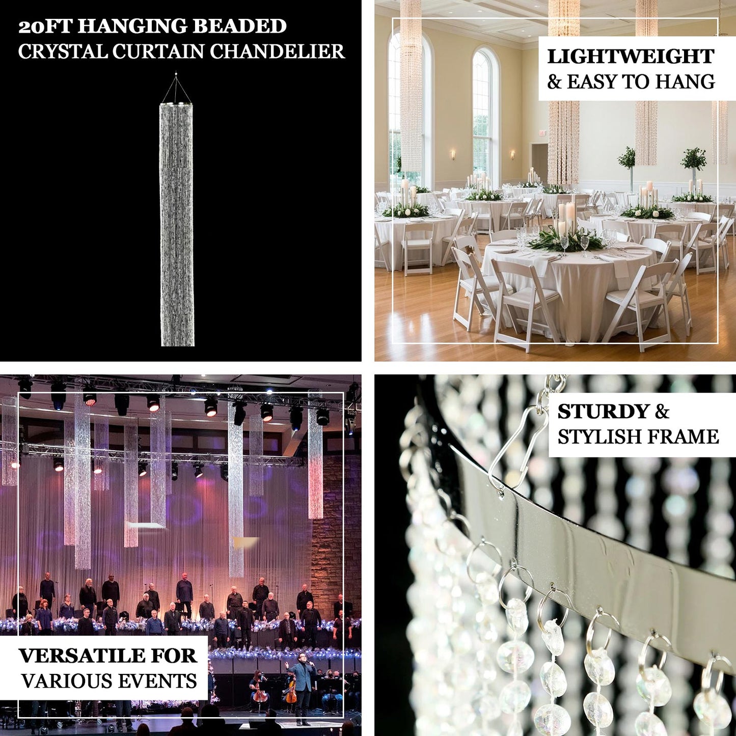 20ft hanging beaded crystal chandelier with silver metal hoop and chain.