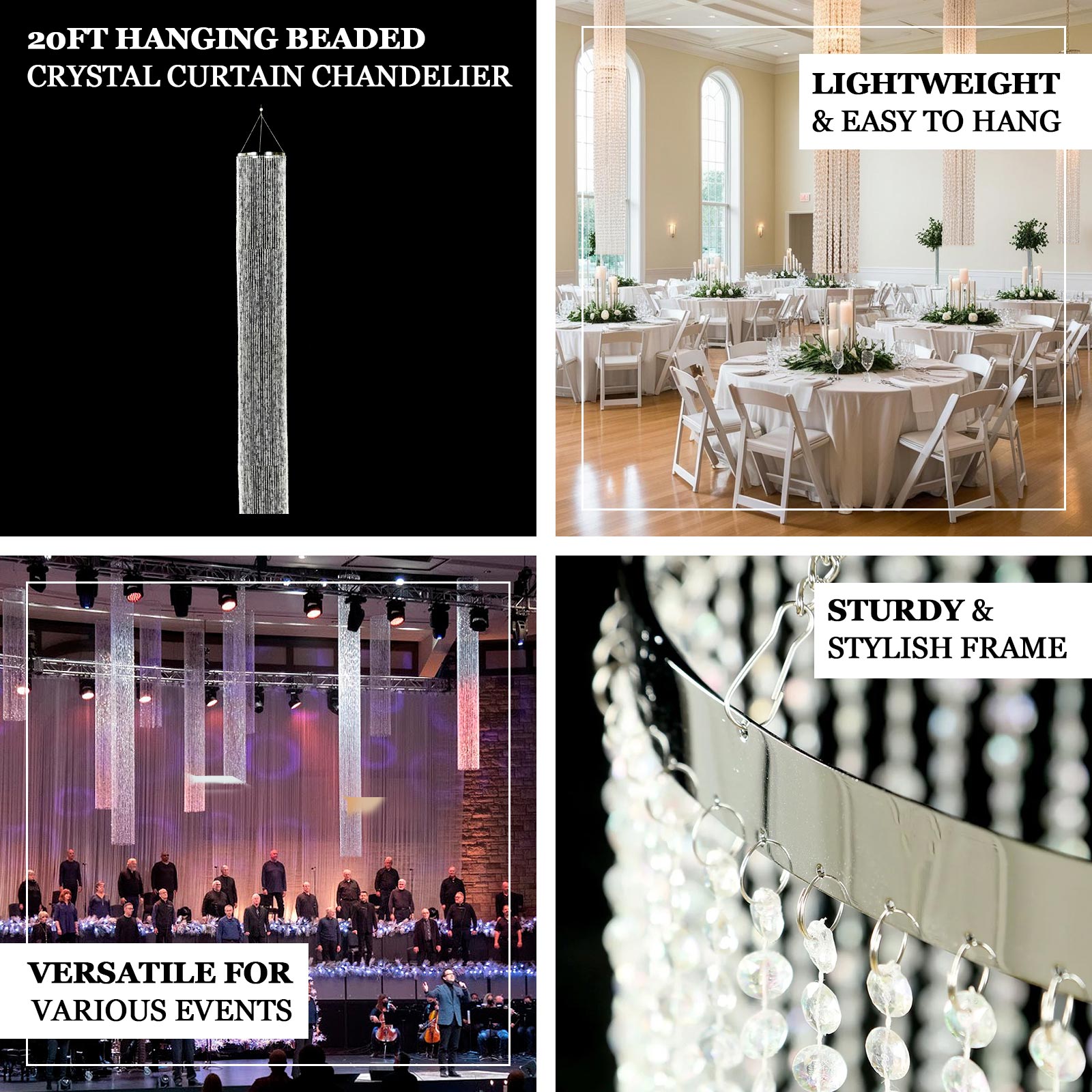 20ft hanging beaded crystal chandelier with silver metal hoop and chain.