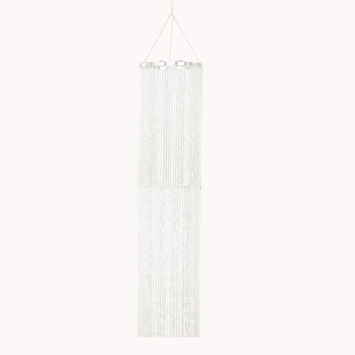 Silver beaded crystal chandelier with a round metal hoop and hanging chain.