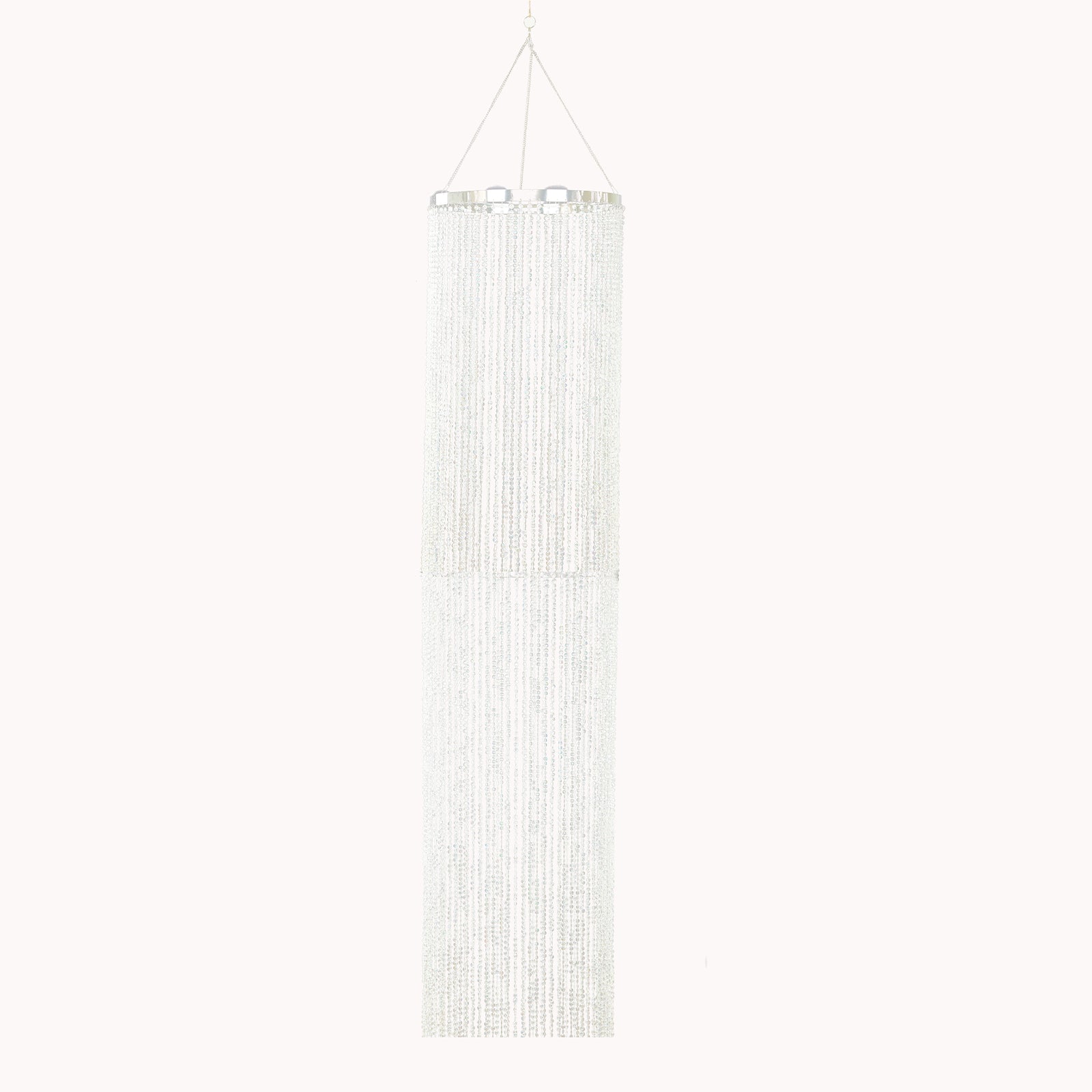 Silver beaded crystal chandelier with a round metal hoop and hanging chain.
