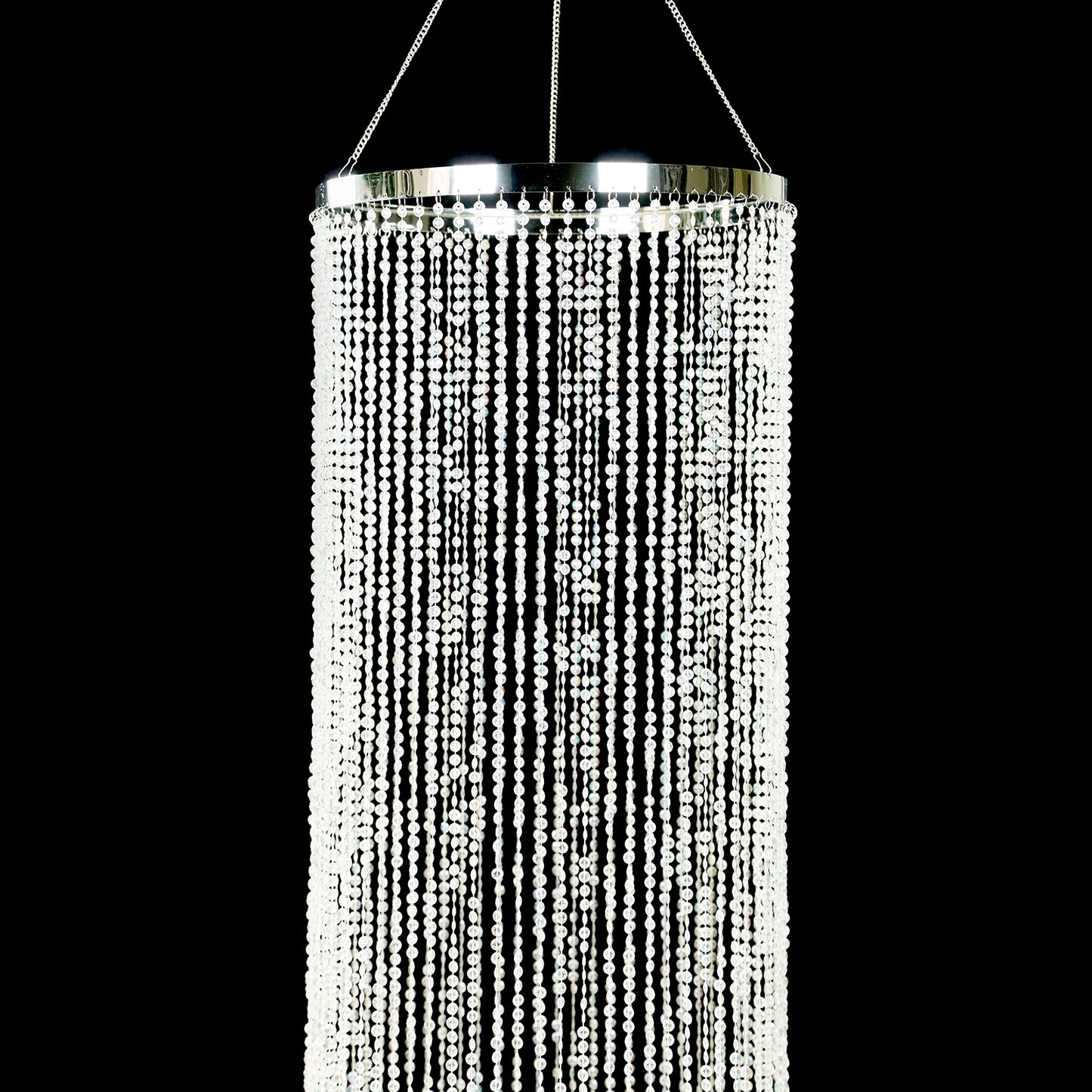Silver beaded crystal chandelier with hanging chain, 9ft tall.