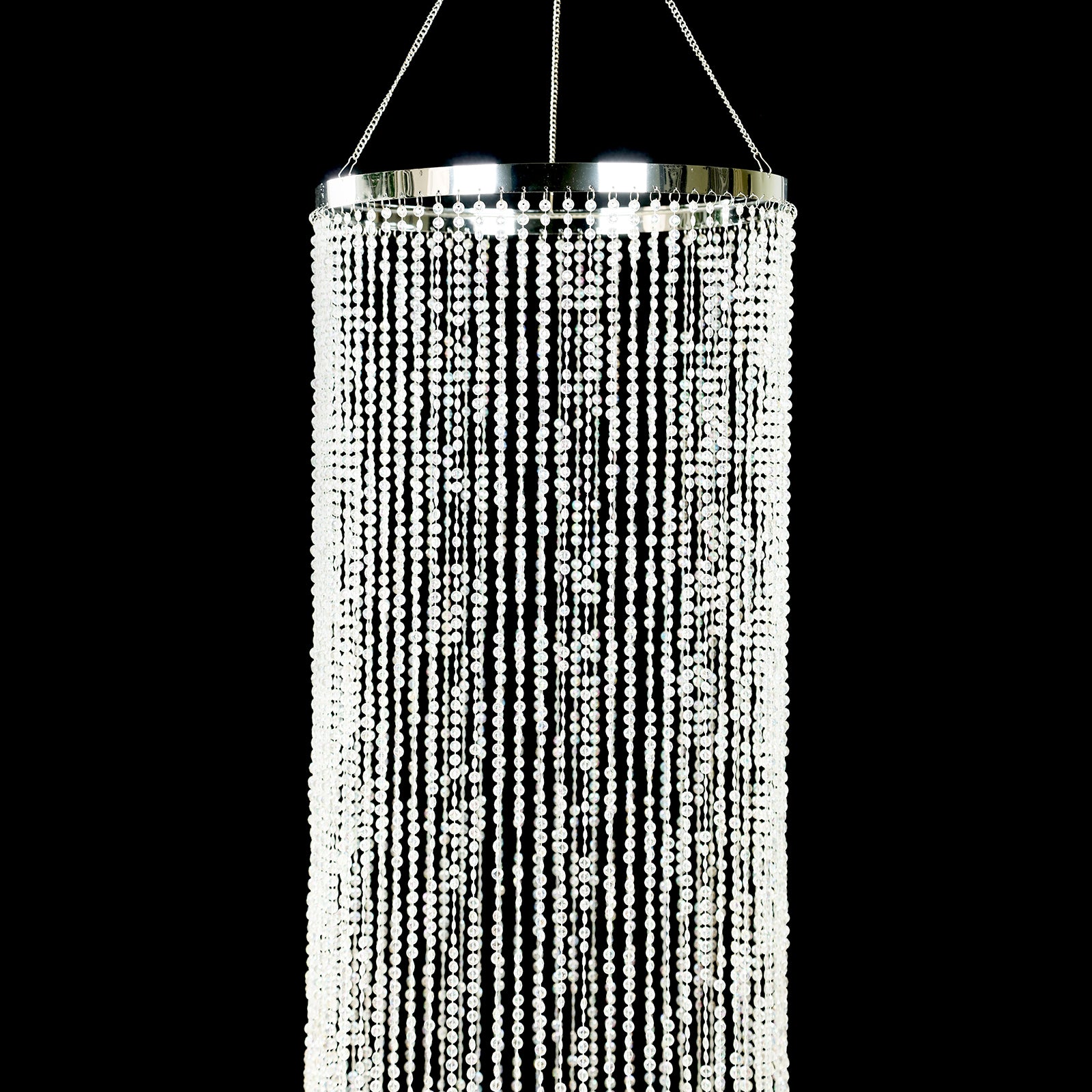 Silver beaded crystal chandelier with hanging chain, 9ft tall.