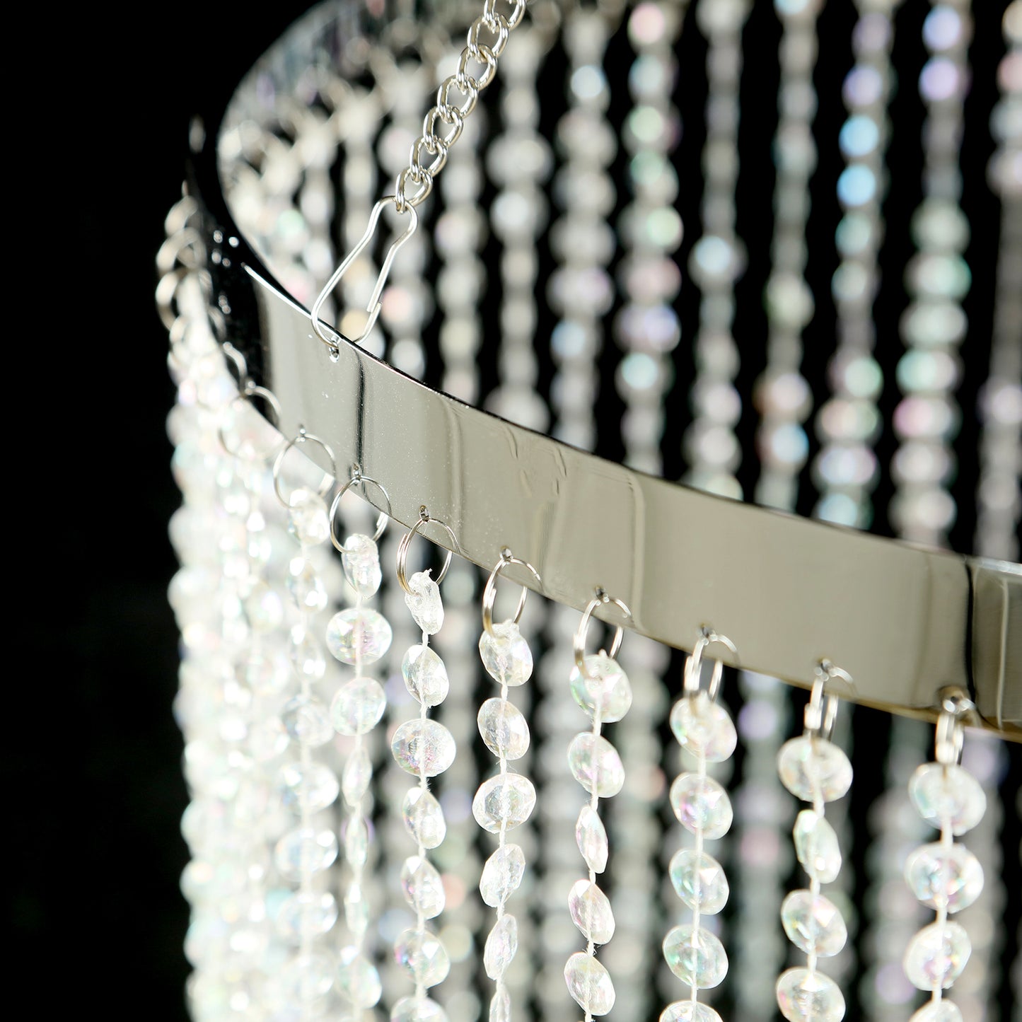 9ft hanging beaded crystal chandelier with silver metal hoop and chain.