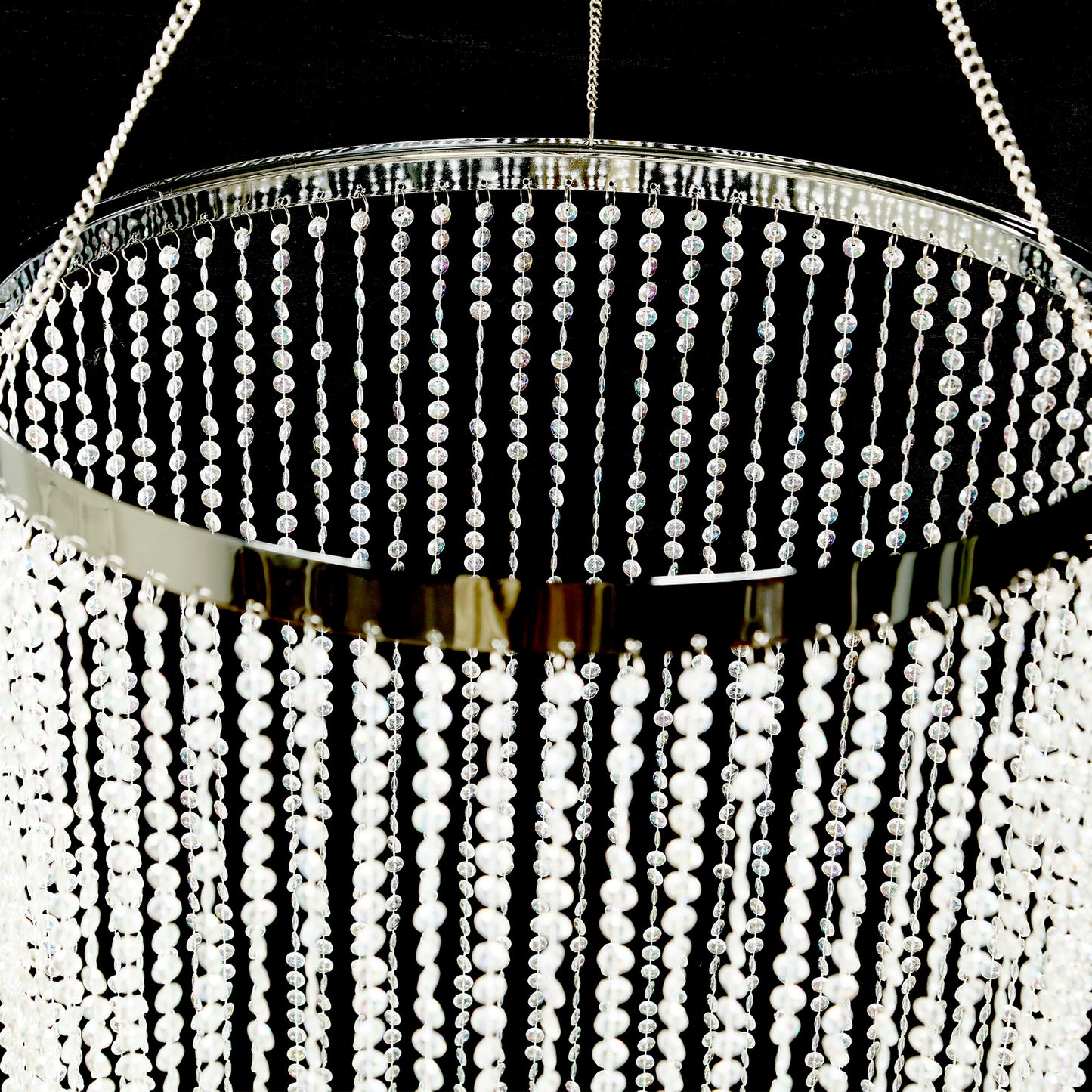 9ft Hanging Beaded Crystal Column Chandelier with Silver Metal Hoop