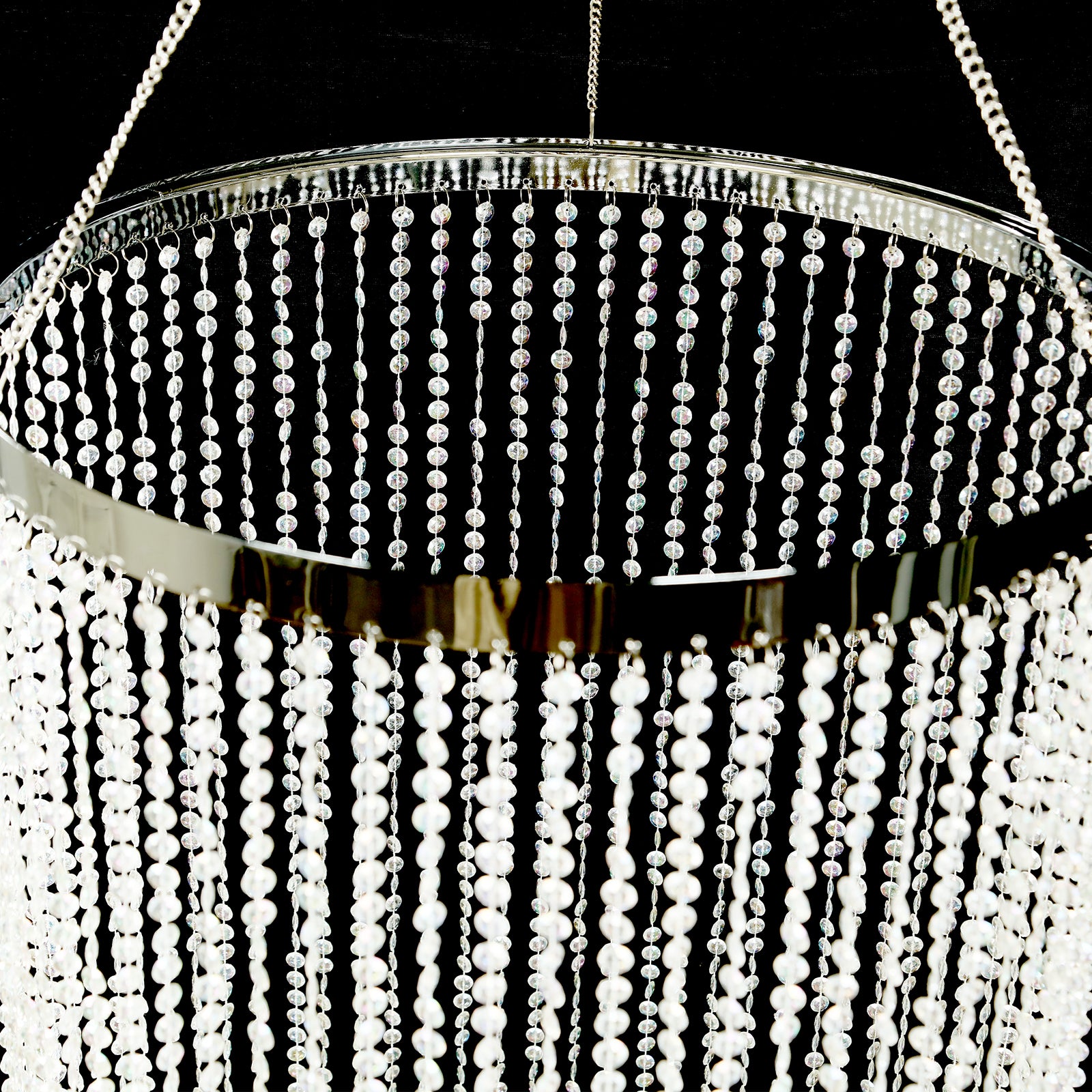 9ft Hanging Beaded Crystal Column Chandelier with Silver Metal Hoop