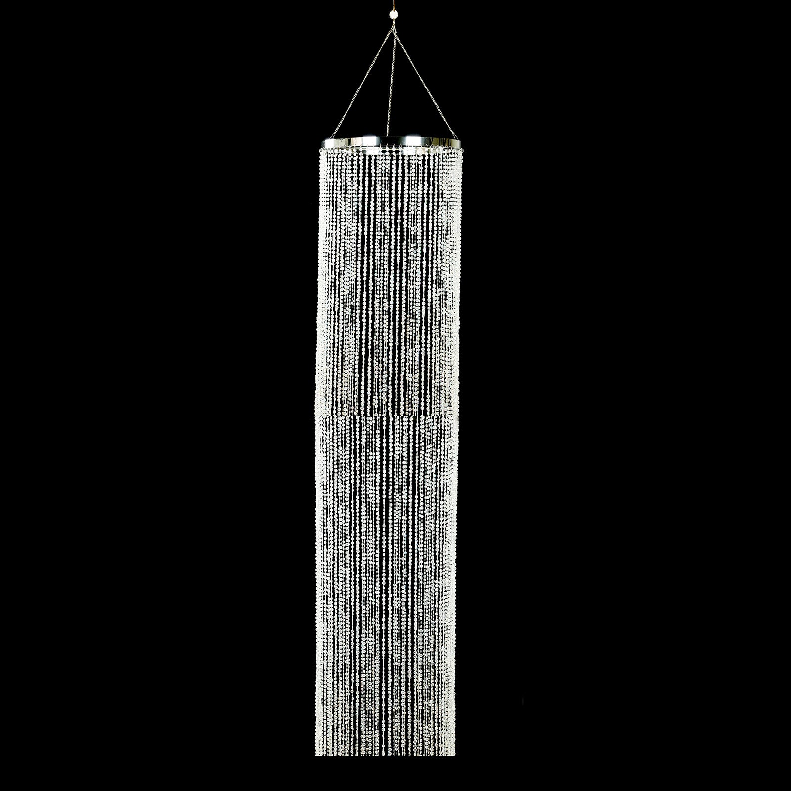 Silver beaded crystal chandelier with a tall curtain design.