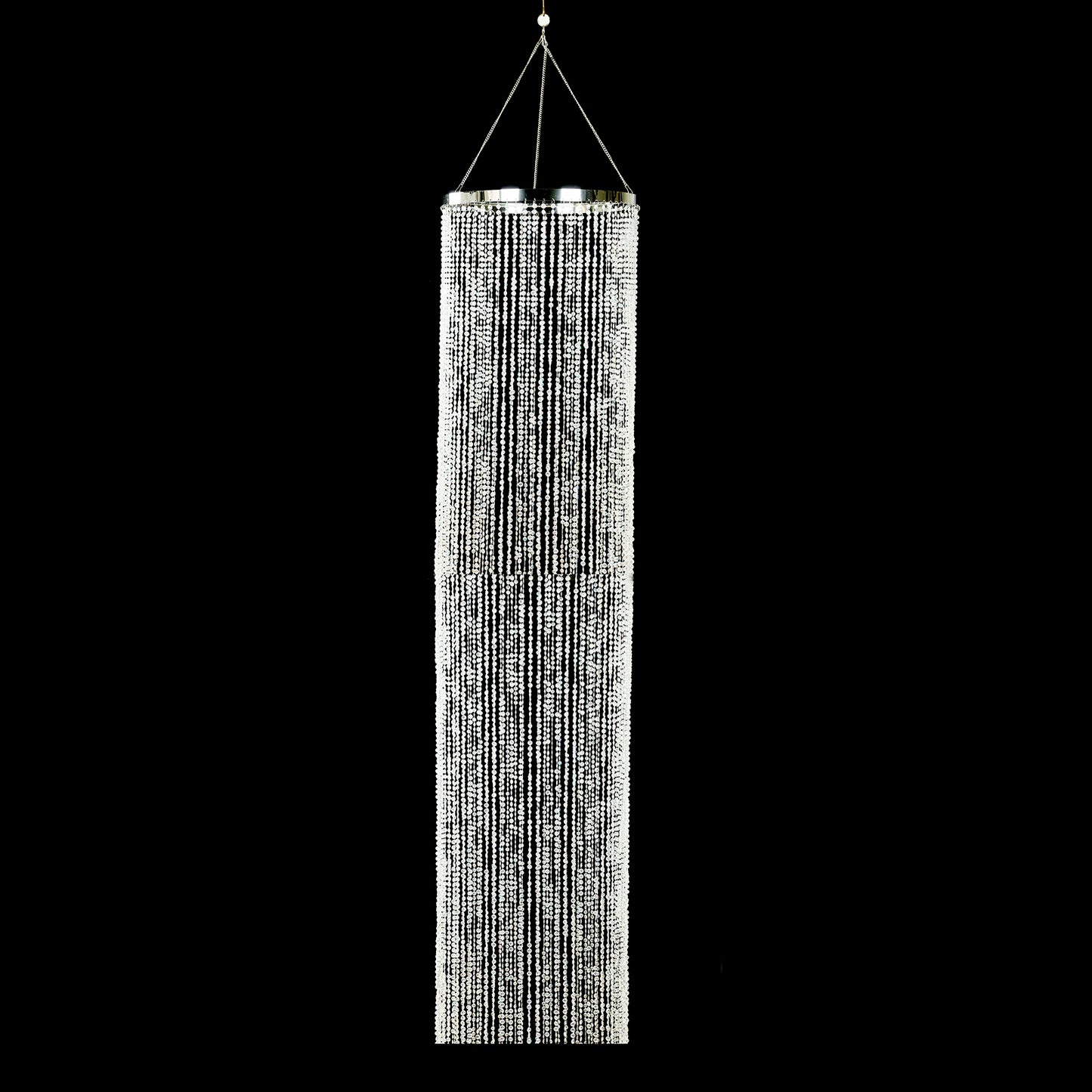 Silver beaded crystal chandelier with hanging chain.