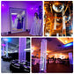 14ft tall beaded crystal chandelier with silver metal hoop and chain, purple lighting.