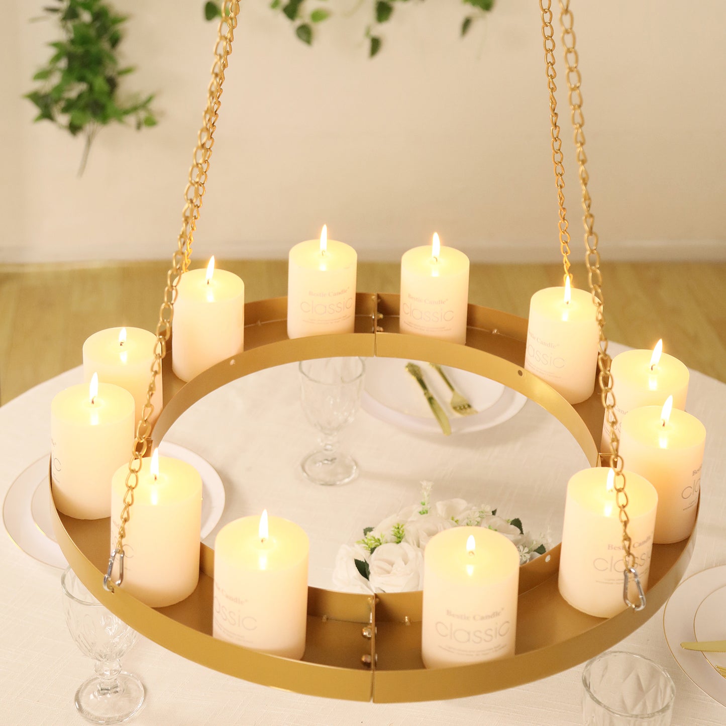Gold floral chandelier frame with candles, elegantly displayed.
