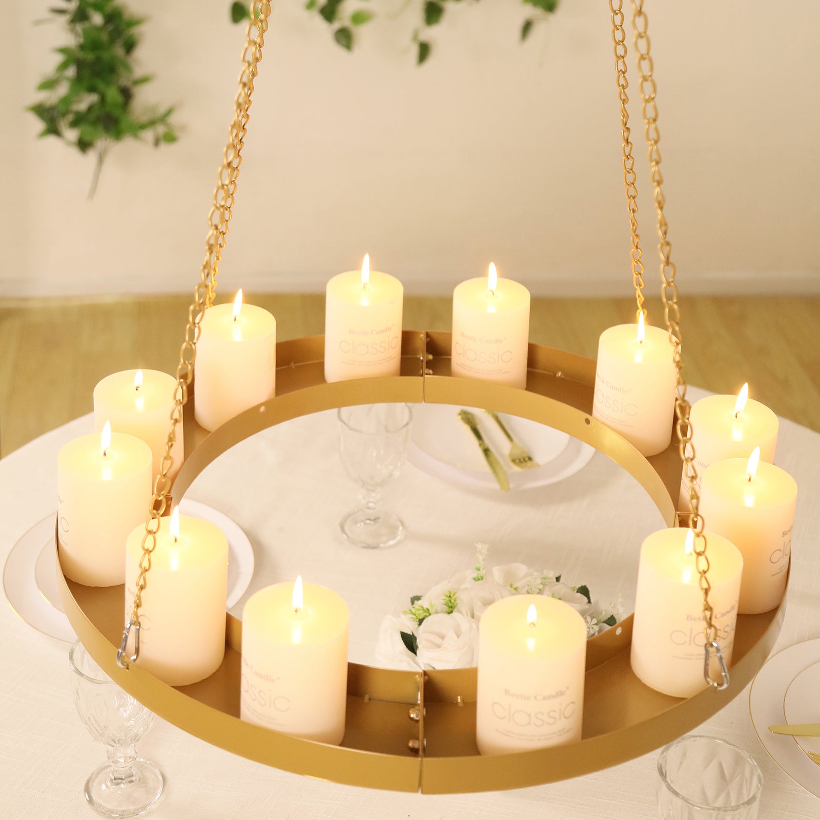 Gold floral chandelier frame with candles, elegantly displayed.