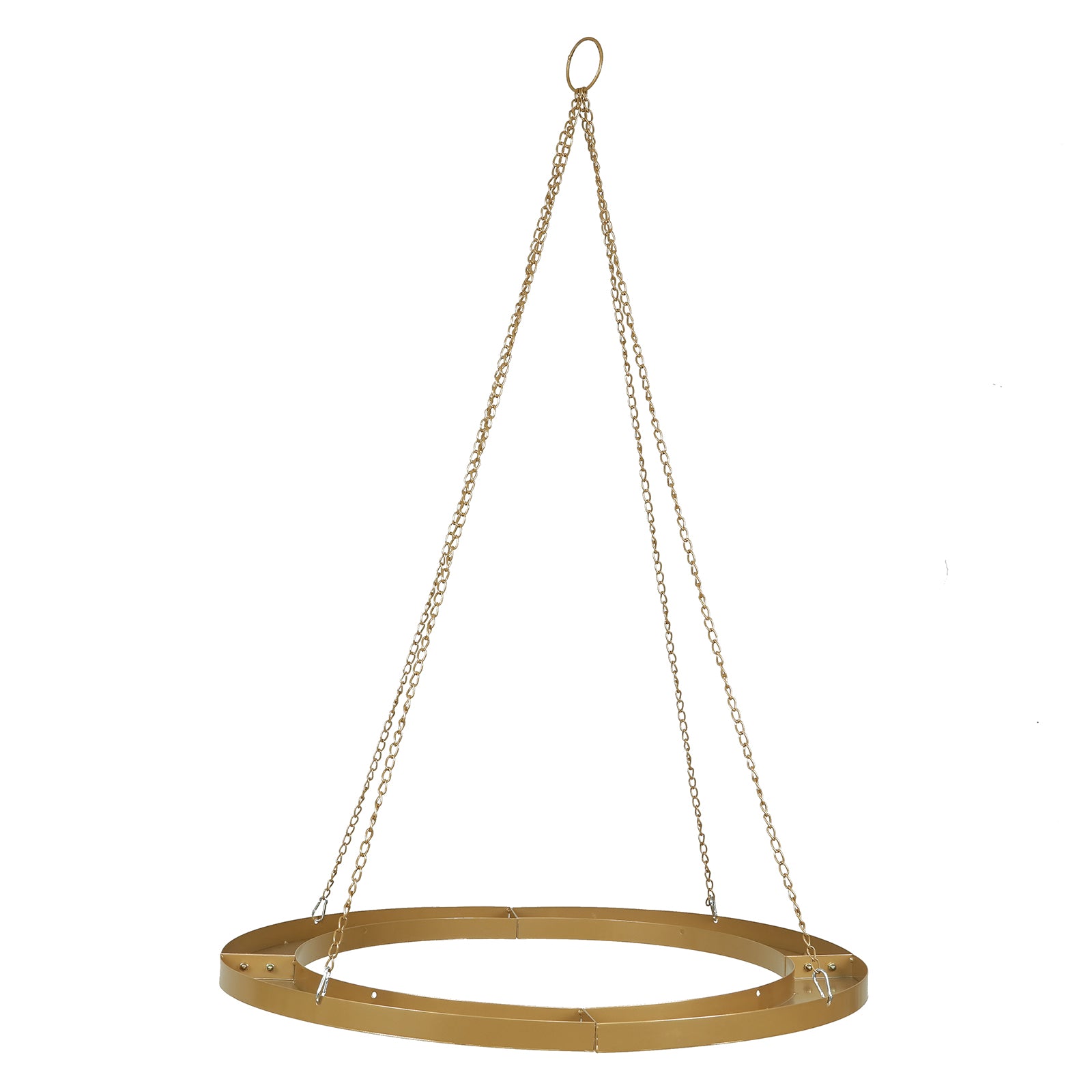 Gold circular floral chandelier frame for candle and floral display.