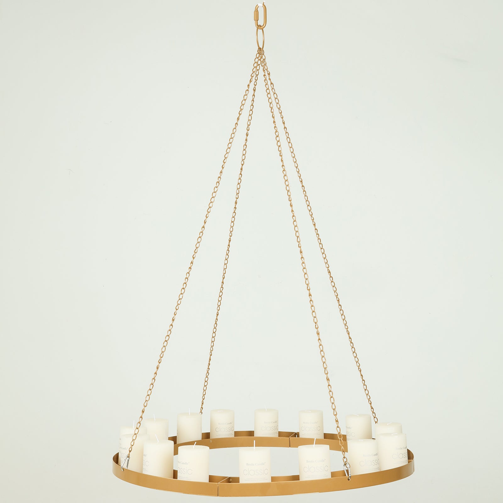 Gold floral chandelier frame with candle holders, 32 inches circular design.