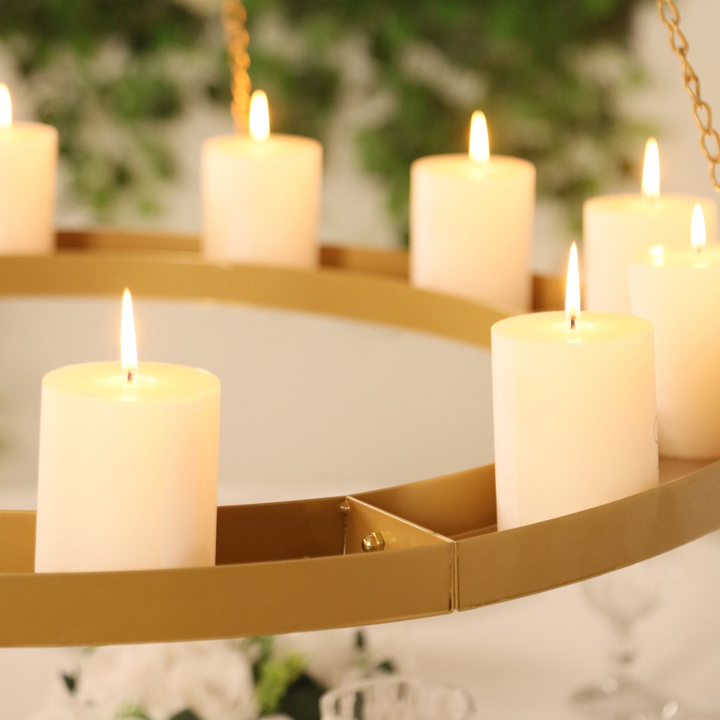 Gold floral chandelier frame with candles, perfect for elegant decor.