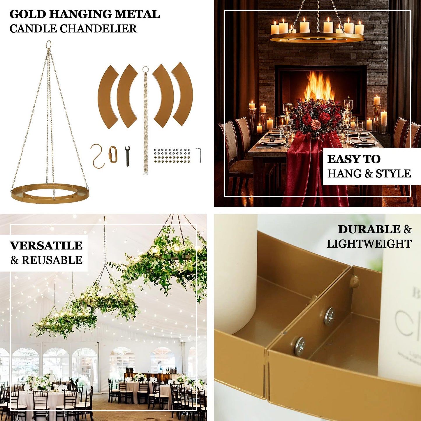 Gold metal floral chandelier frame for candle and floral display, 32" circular design.
