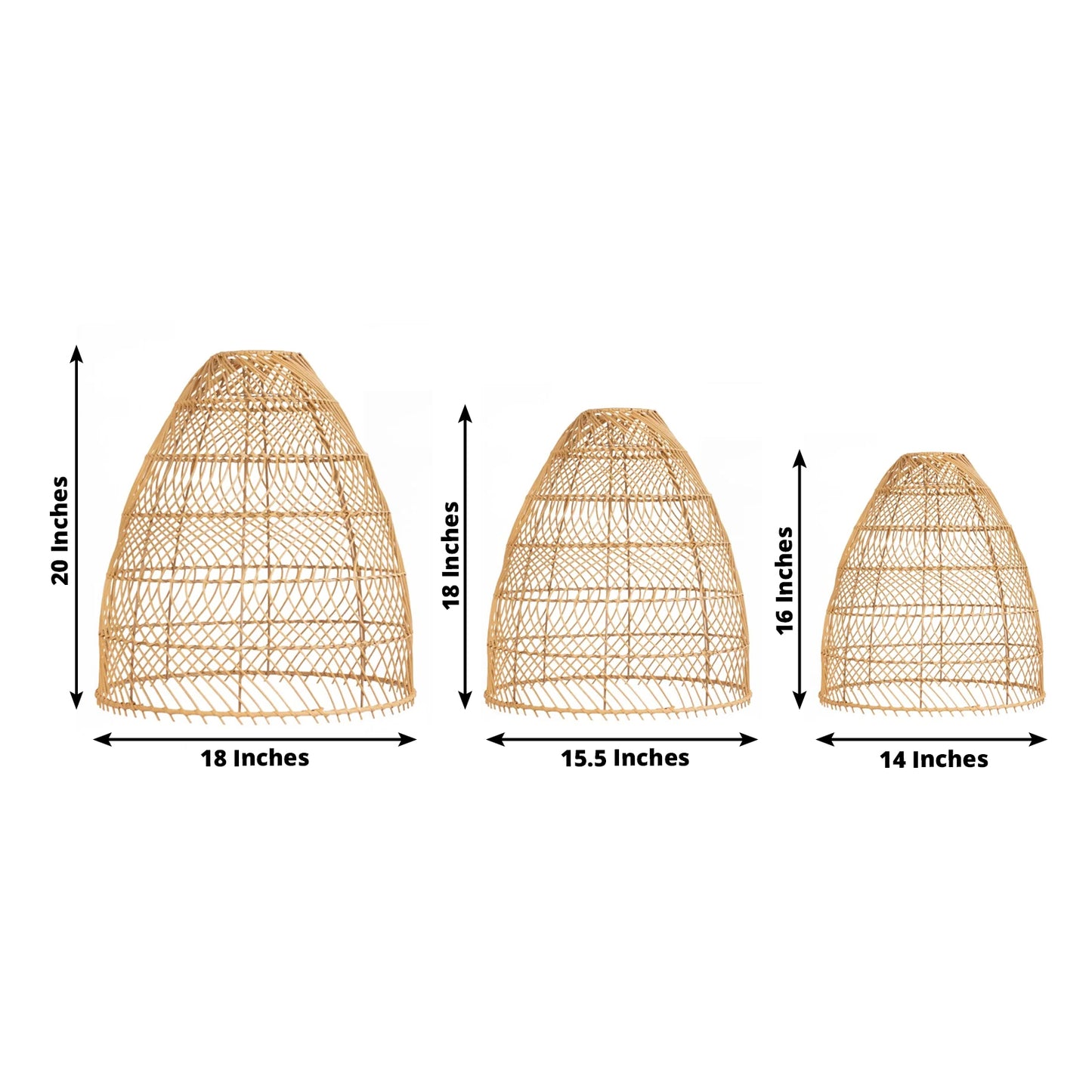 Natural woven rattan pendant lamp shades set of 3 in cone shape.