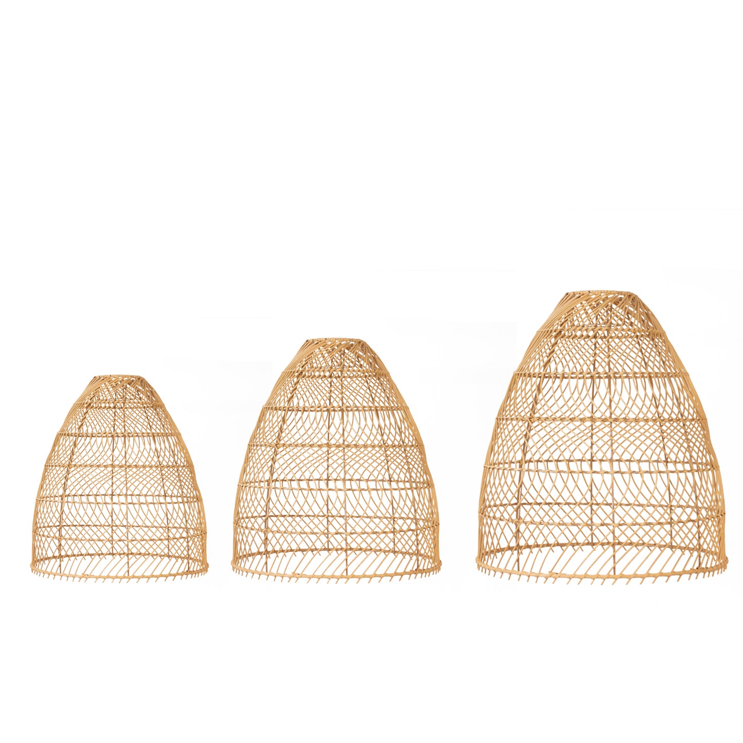 Natural woven rattan pendant lamp shades set of 3 in cone shape.
