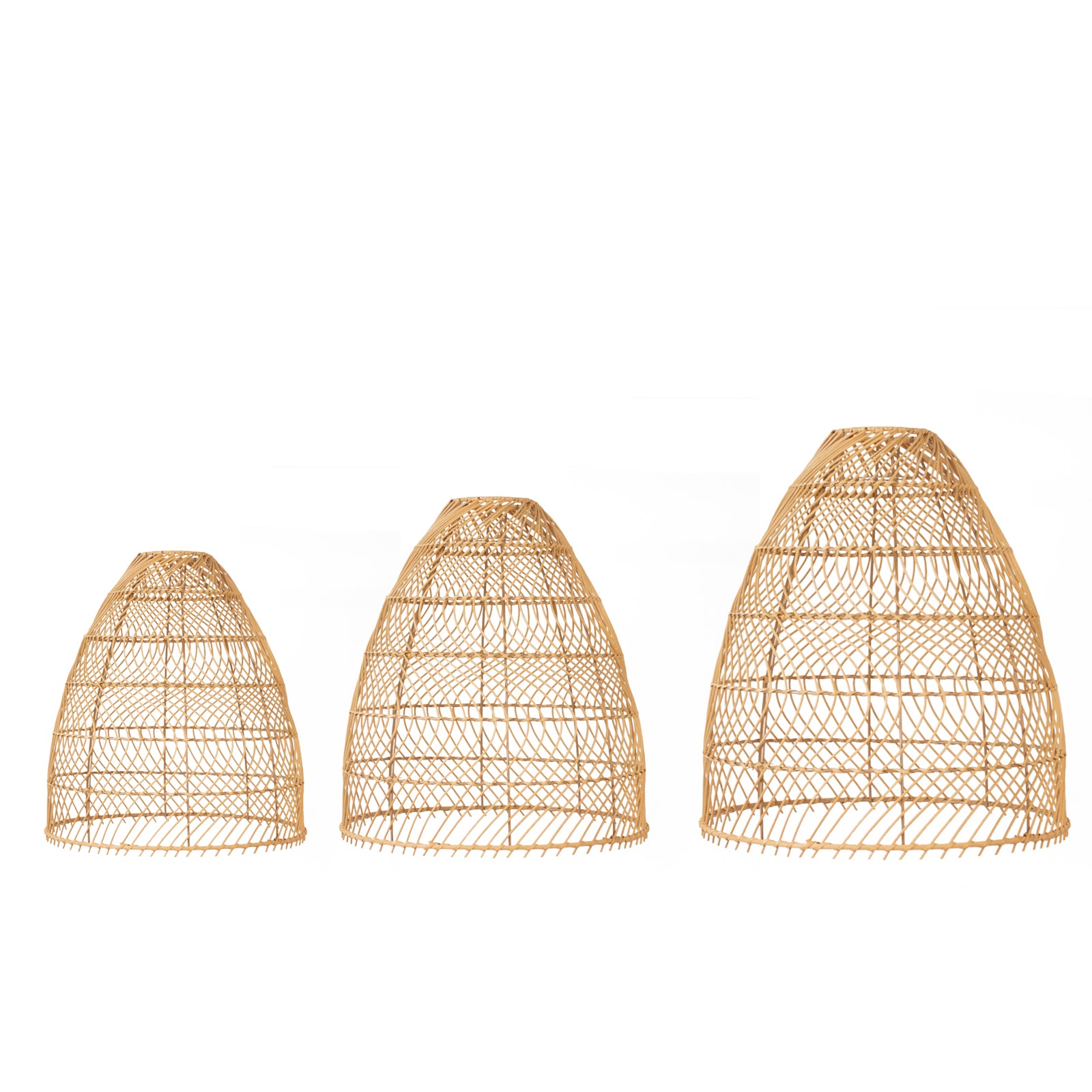 Natural woven rattan pendant lamp shades set of 3 in cone shape.