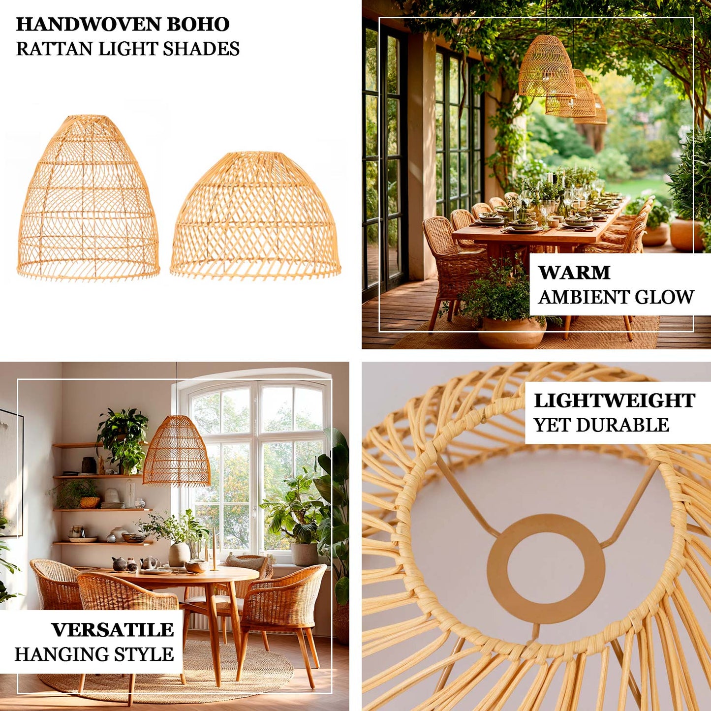 Boho Rattan Dome Pendant Shades – 3 Pack Natural Woven Ceiling Lamp Covers – 16" Round – Shades Only
