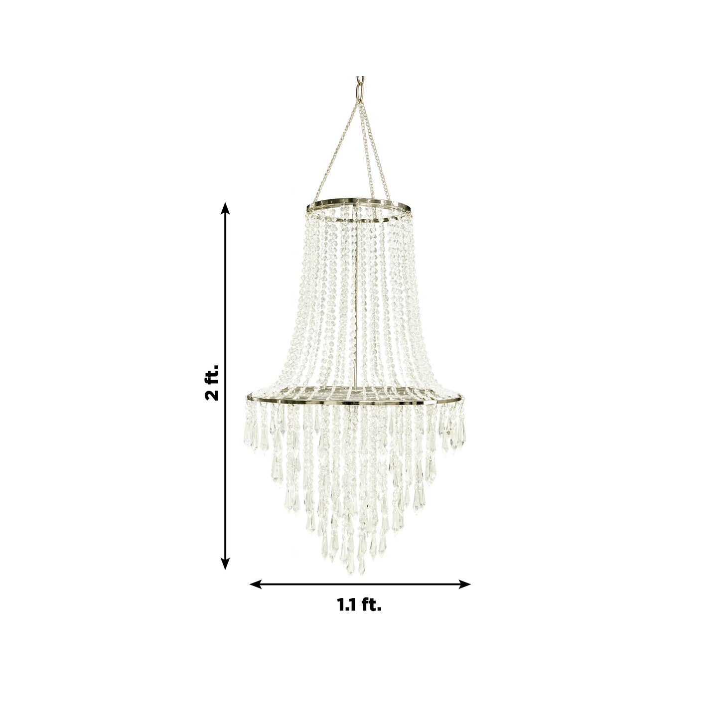 2ft Fountain Crystal Beaded Chandelier – Hanging Pendant Light with Silver Metal Frame & Hook Chain, Elegant Tiered Design