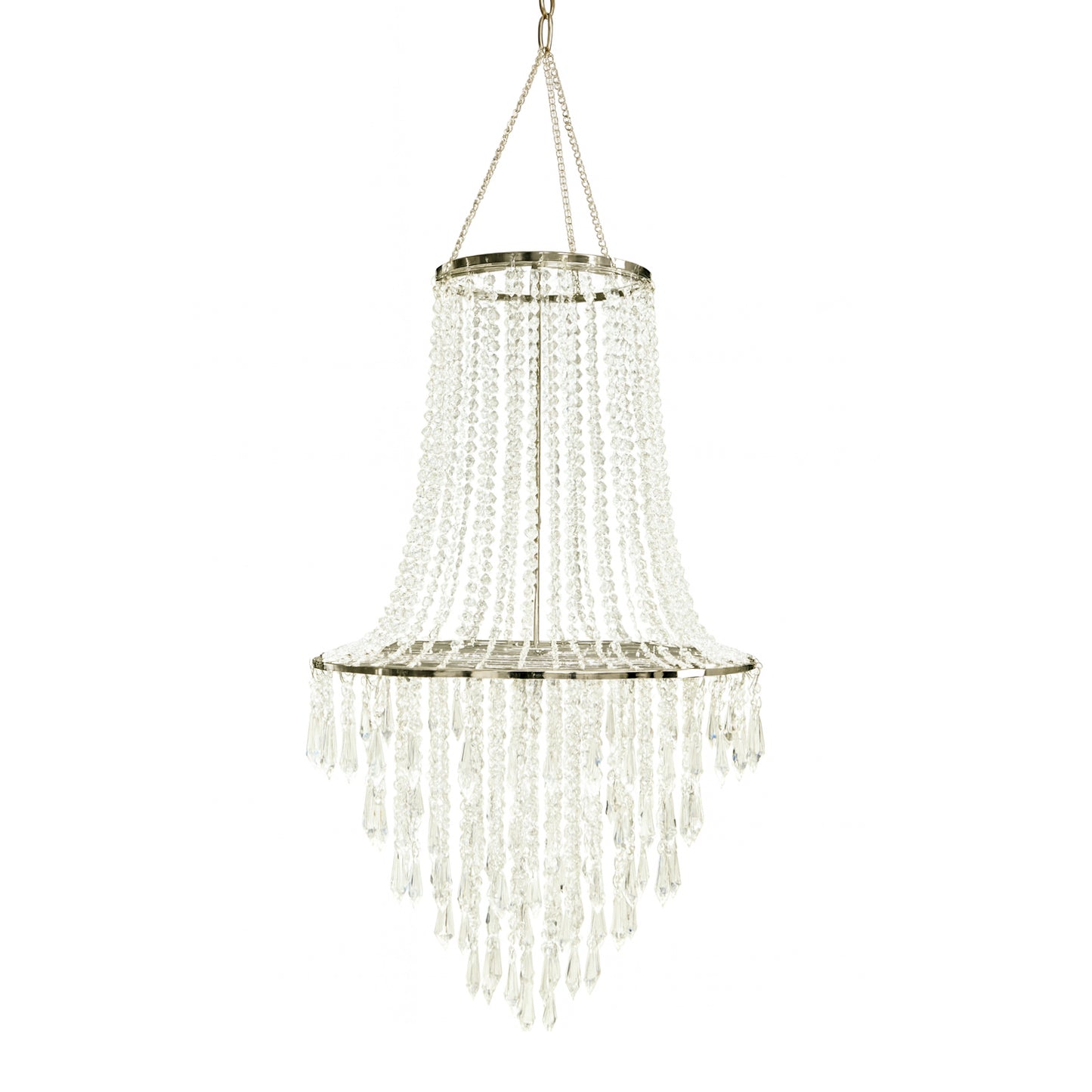 2ft Fountain Crystal Beaded Chandelier – Hanging Pendant Light with Silver Metal Frame & Hook Chain, Elegant Tiered Design