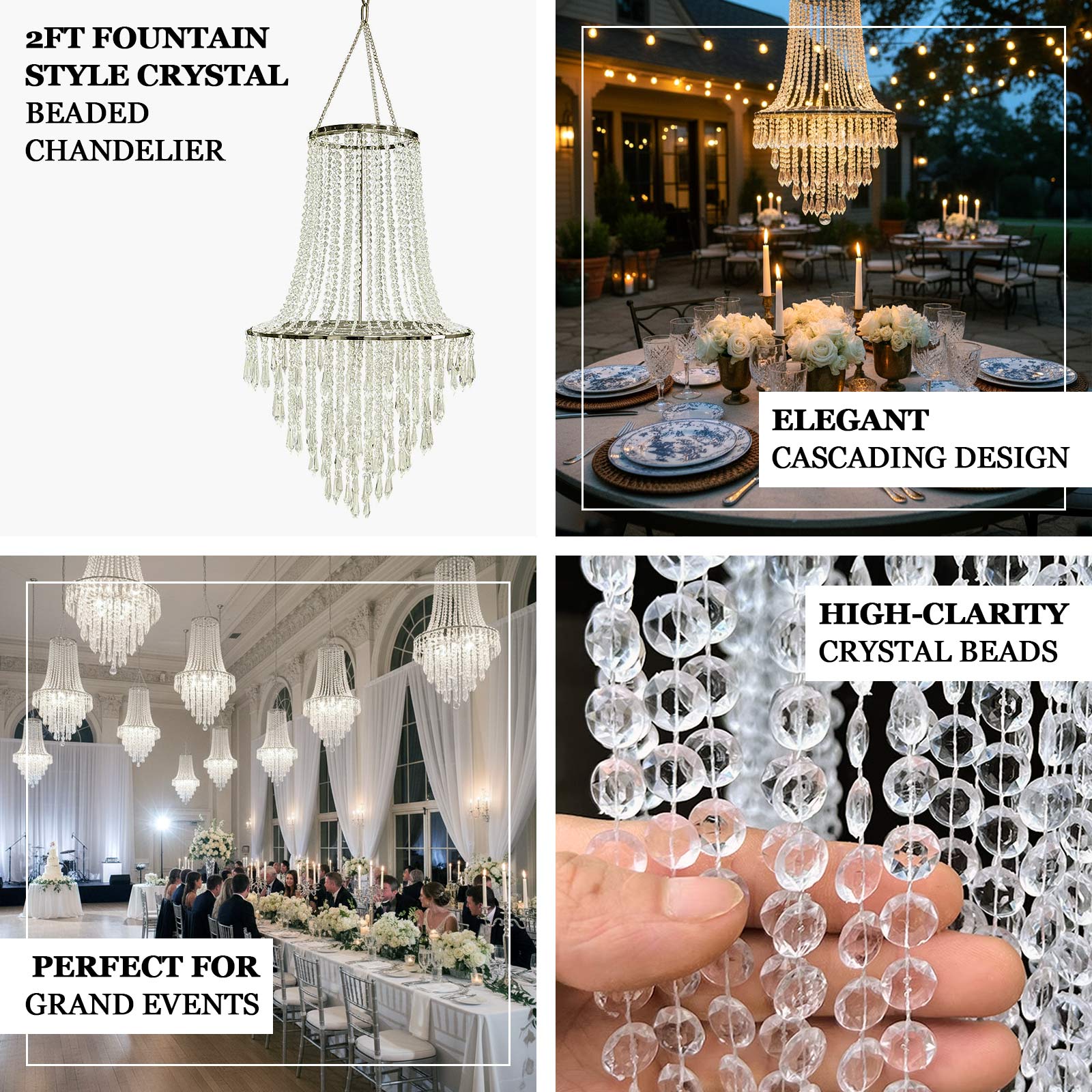 2ft Fountain Crystal Beaded Chandelier – Hanging Pendant Light with Silver Metal Frame & Hook Chain, Elegant Tiered Design