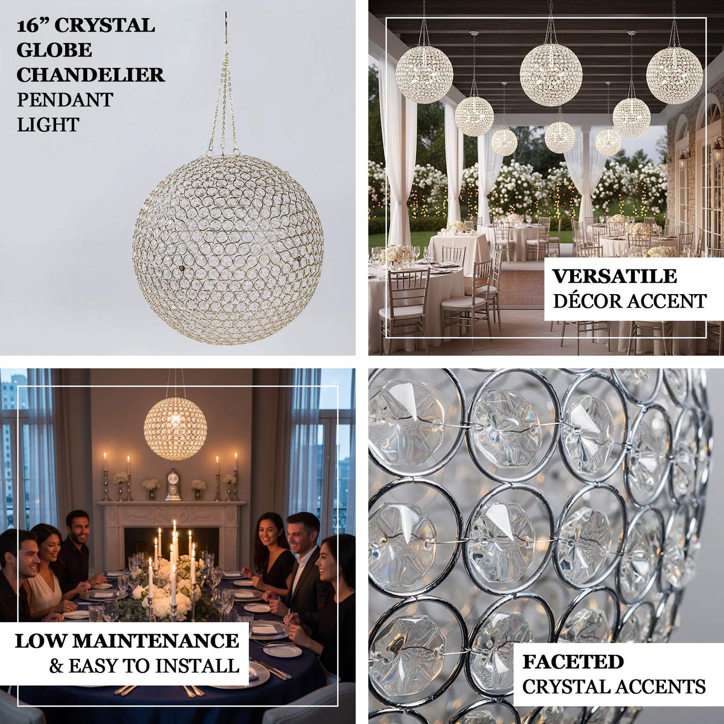 16" Crystal Globe Chandelier – Hanging Beaded Ball Pendant Light with Metal Hook & Chain