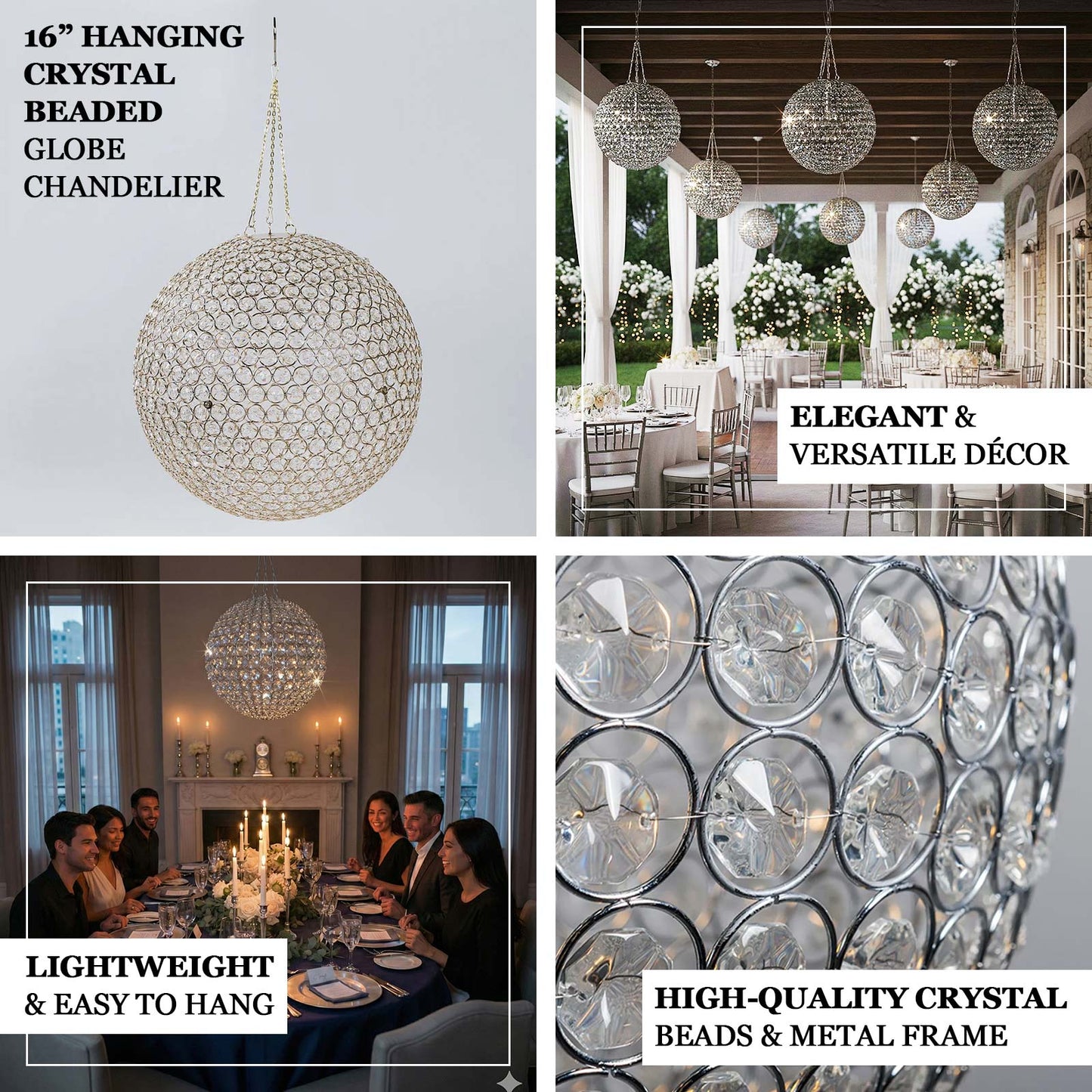 16" Crystal Globe Chandelier Pendant – Hanging Beaded Ball with Metal Hook & Chain