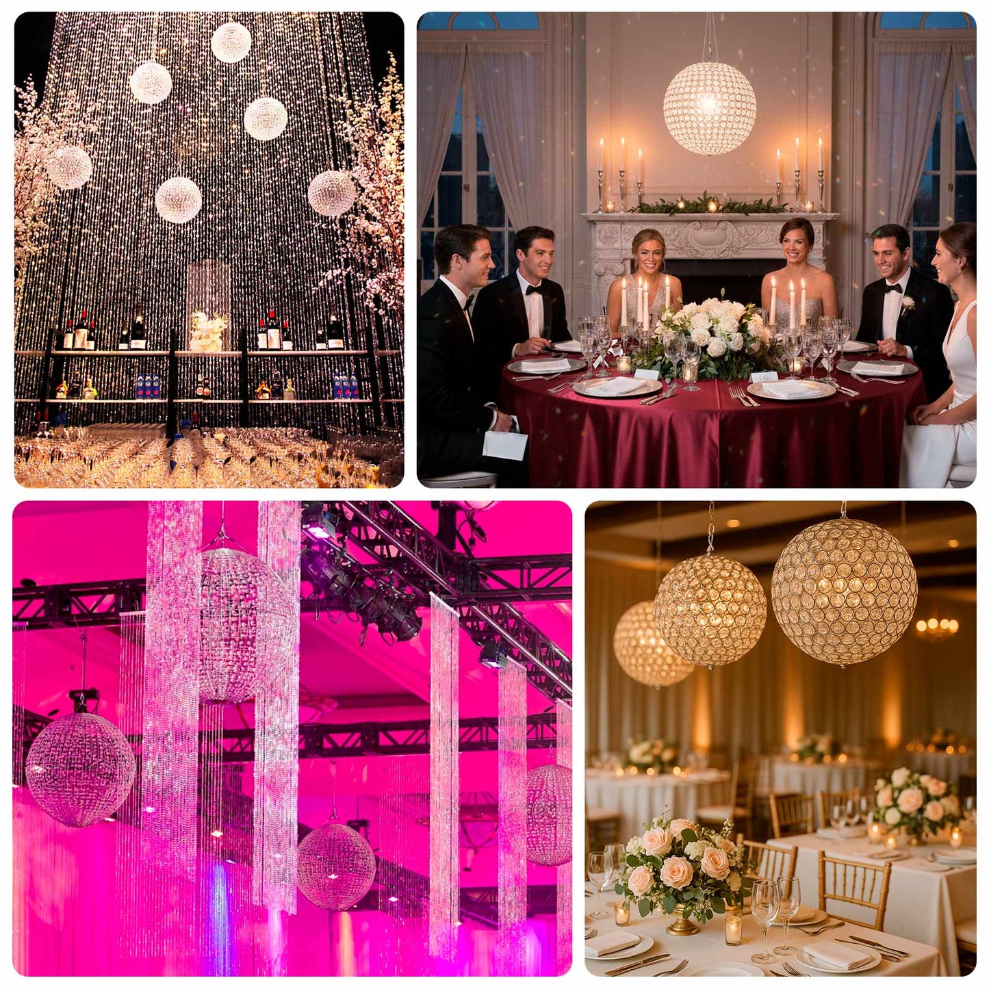 16" Crystal Globe Chandelier – Hanging Beaded Ball Pendant Light with Silver Metal Hook & Chain