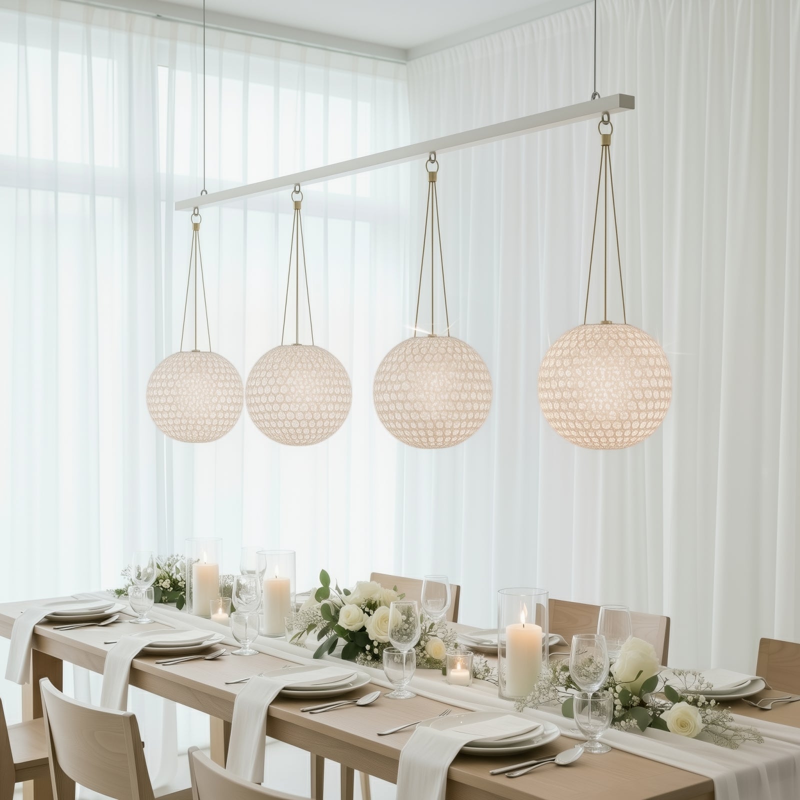 White crystal globe chandelier pendant with gold metal hooks and chain.