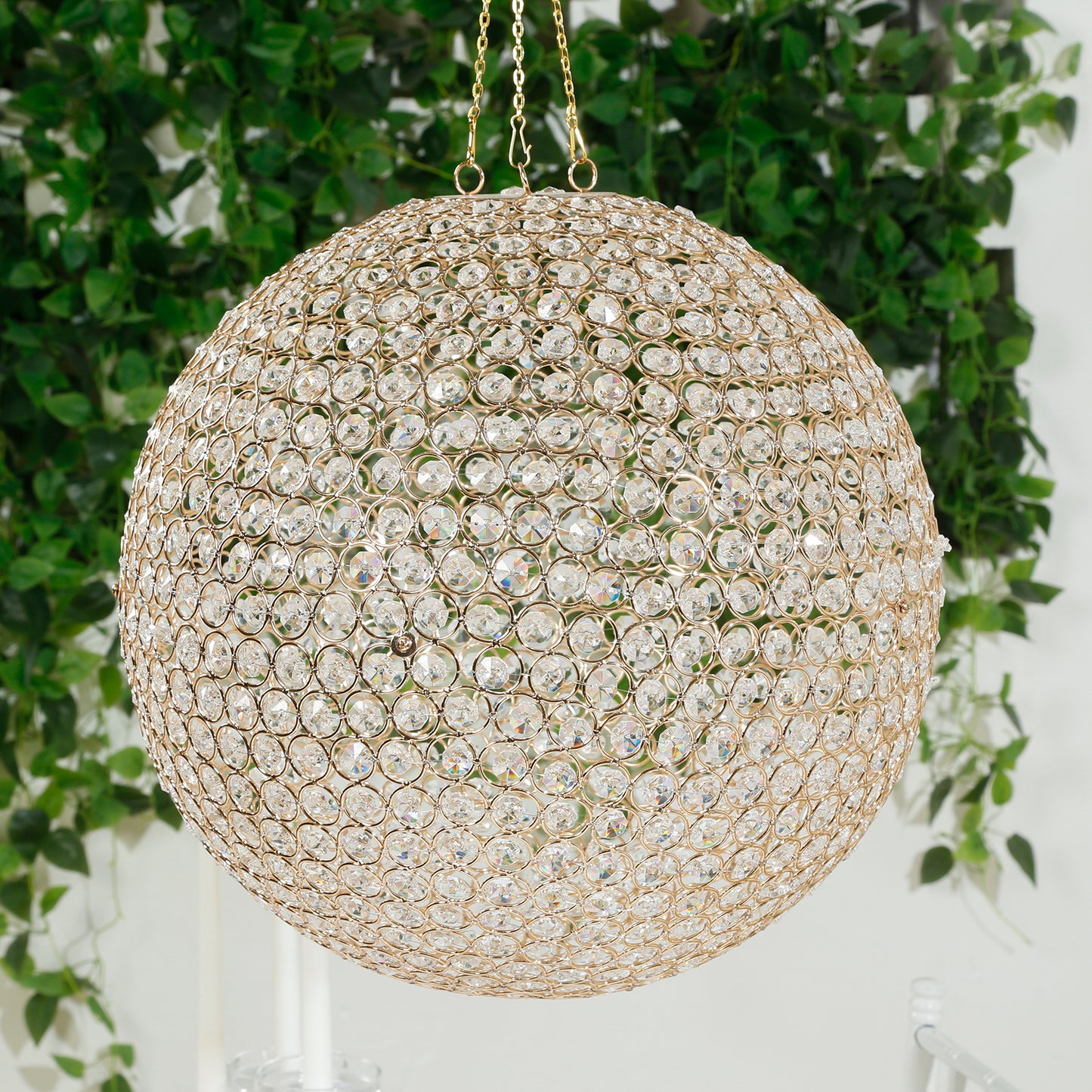 16" Crystal Globe Chandelier – Hanging Beaded Ball Pendant Light with Gold Metal Hook & Chain for Decorative Home Lighting